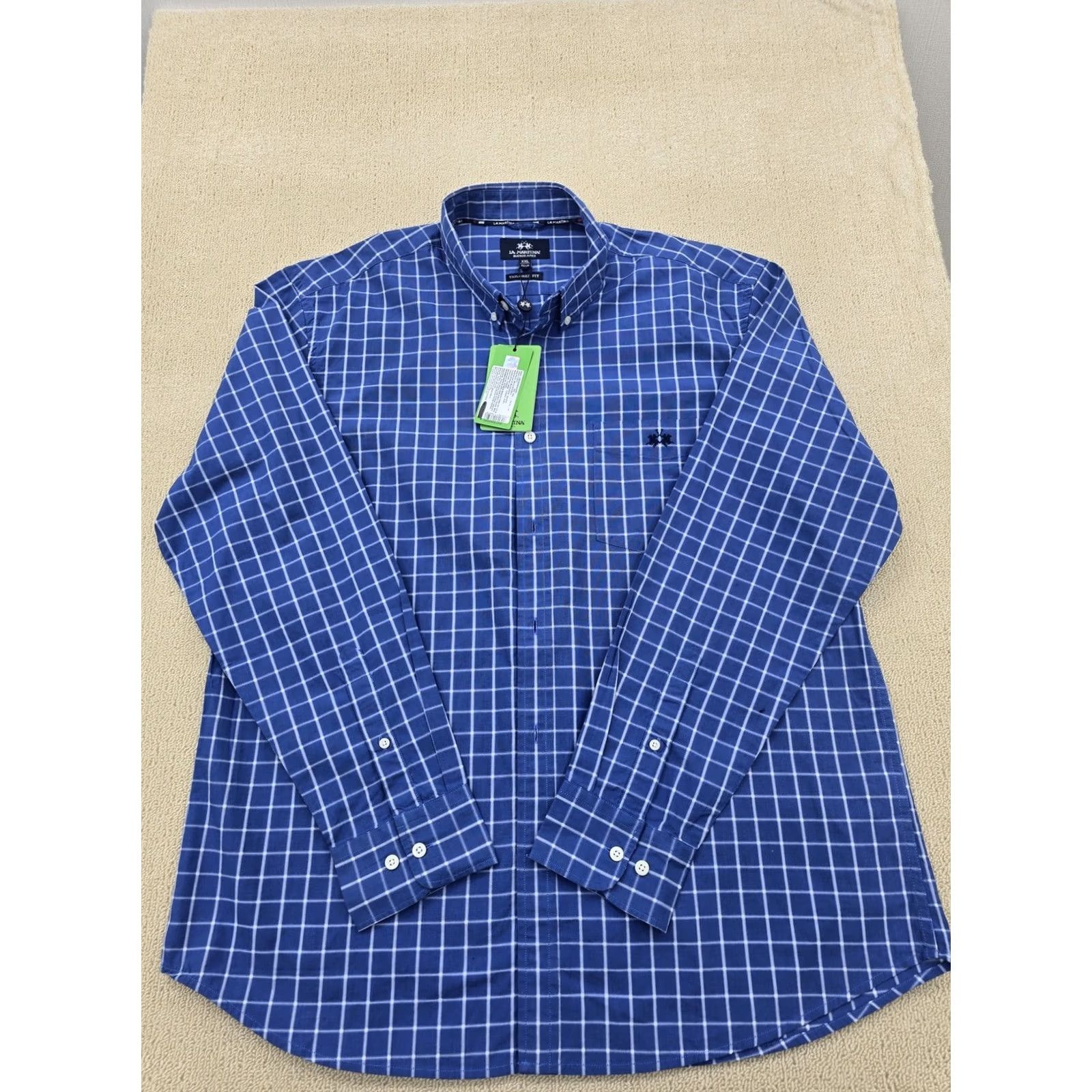 La Martina La Martina Mens XXL Blue Checked Cotton Dress Shirt Tailored Long Sleeve Size 48R - 2 Thumbnail