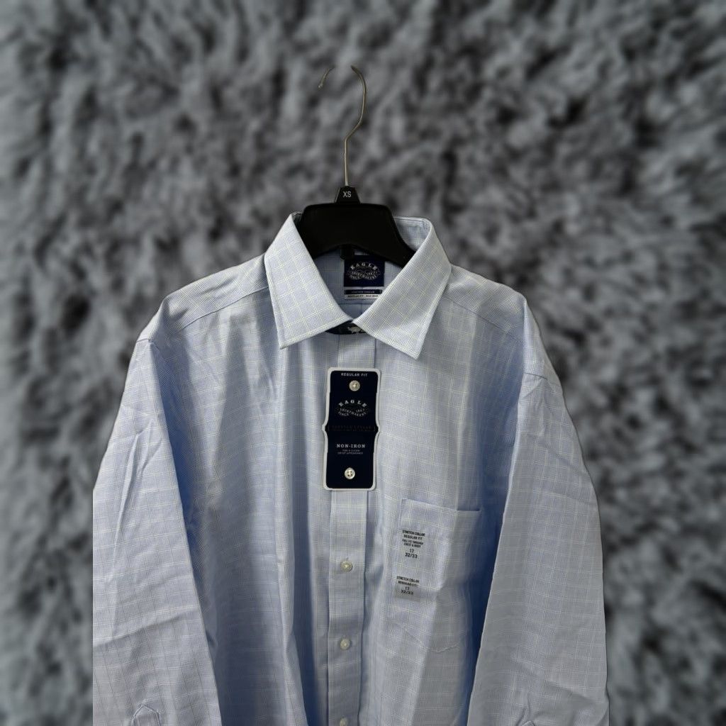 Vintage Eagle Shirtmakers Dress Shirt Men 17 Blue Plaid Stretch Regular Fit NWT 0 MSRP Size 46R - 1 Thumbnail