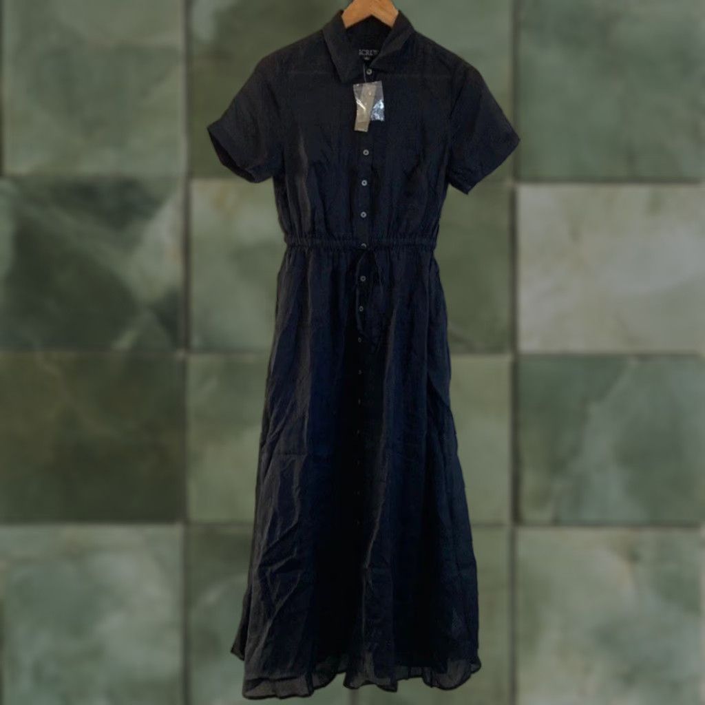 J Crew Shirtdress Black Ramie Dress Midi A-Line Women Size 12 Shirtdress