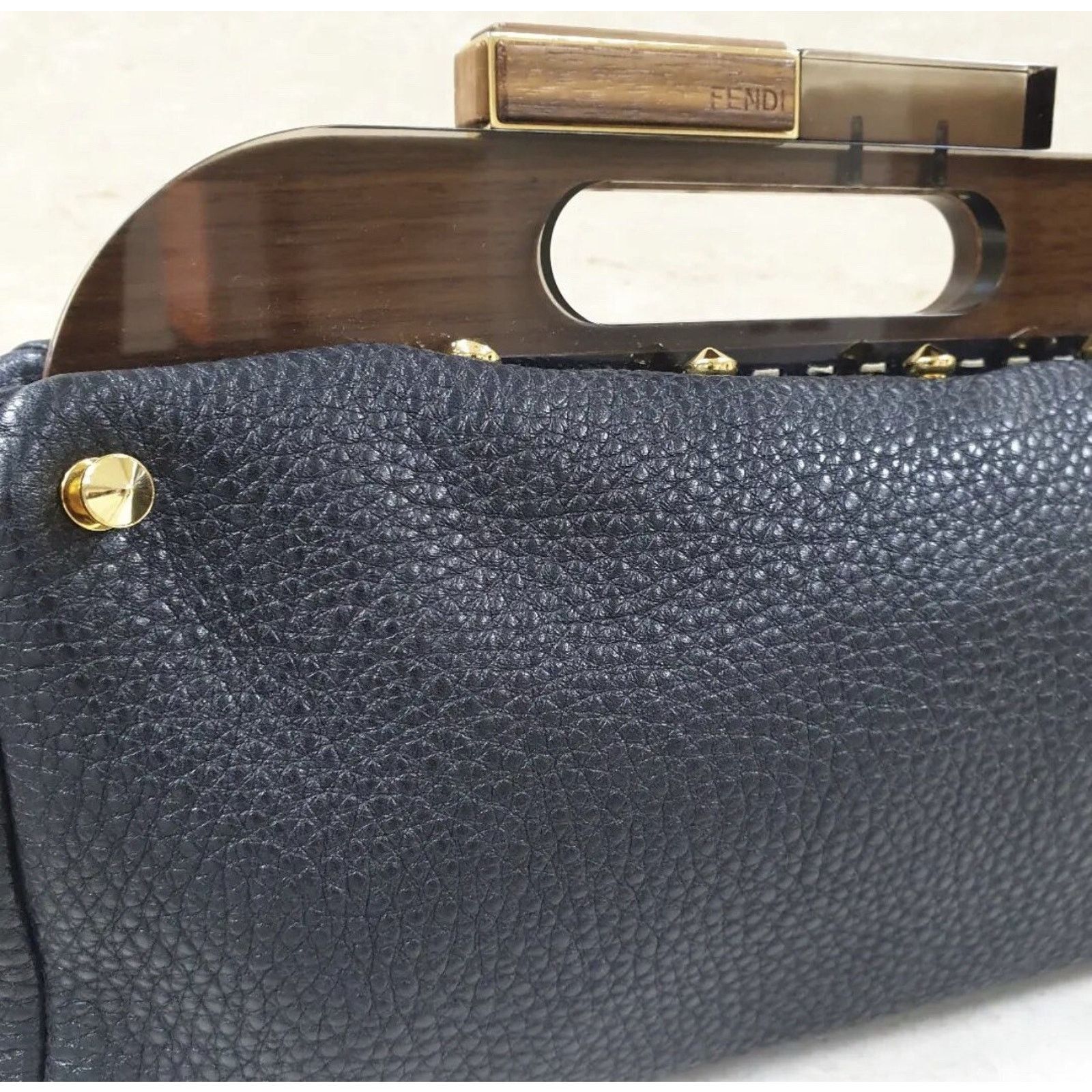 Fendi Fendi Black Leather Walnut Wood Handle Clutch Bag Size ONE SIZE - 11 Thumbnail