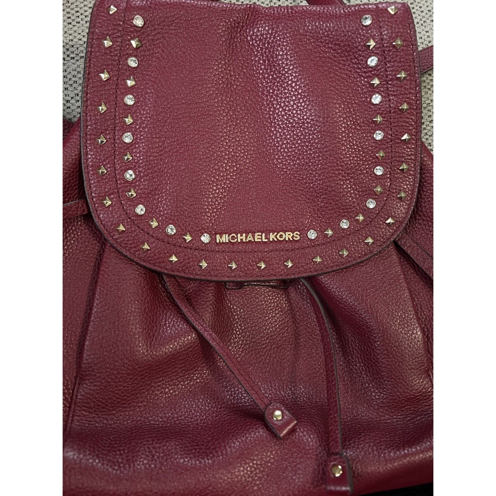 Vintage Michael Kors Mulberry Pebbled Leather Crystal Studded Drawstring Backpack EUC Women Bag Medium Burgundy Leather Size ONE SIZE - 2 Thumbnail