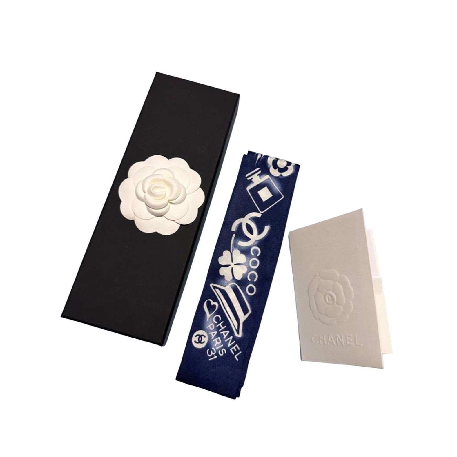 image of NWOT W/box Chanel Blue White Silk Twilly Scarf Headband Purs, Women's