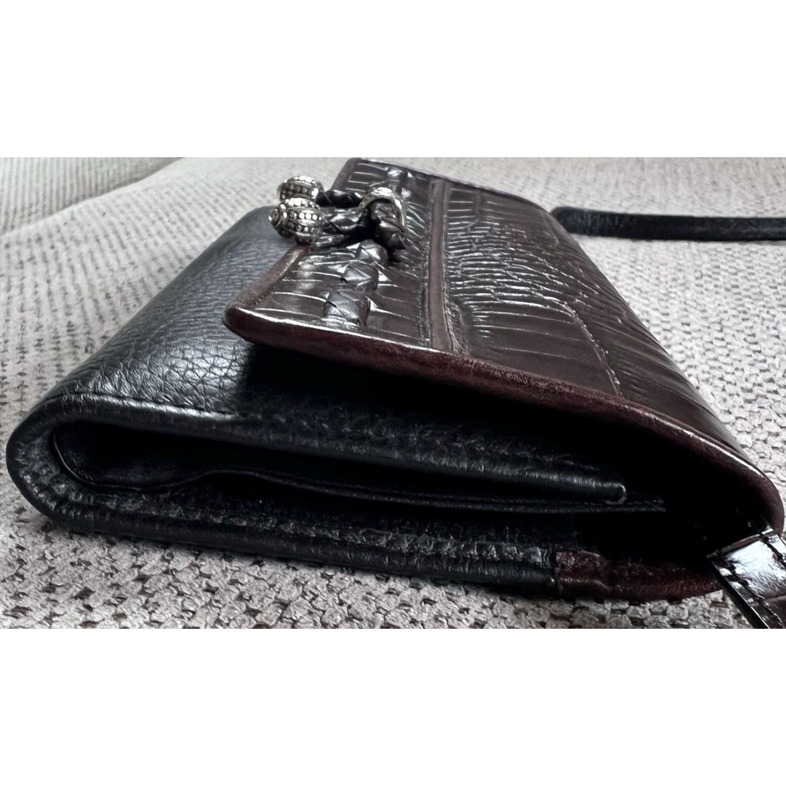 Brighton Brighton Tri Fold Wallet Organizer Crossbody Strap Small Brown Croc Embossed Faux Leather Silver Hardware Women Size ONE SIZE - 7 Thumbnail