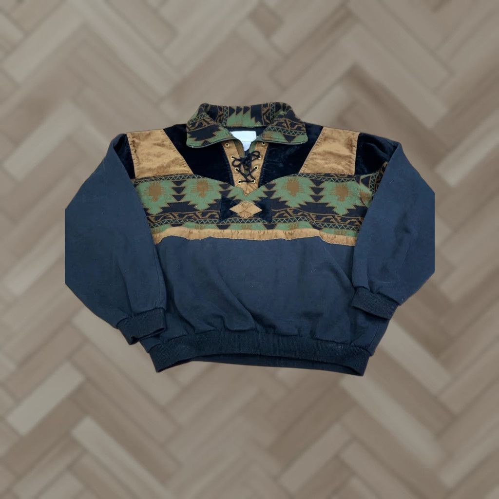 Vintage IB Diffusion 1/4 Zip Pullover Mens M Black Aztec Southwest Made in France Size US M / EU 48-50 / 2 - 1 Thumbnail