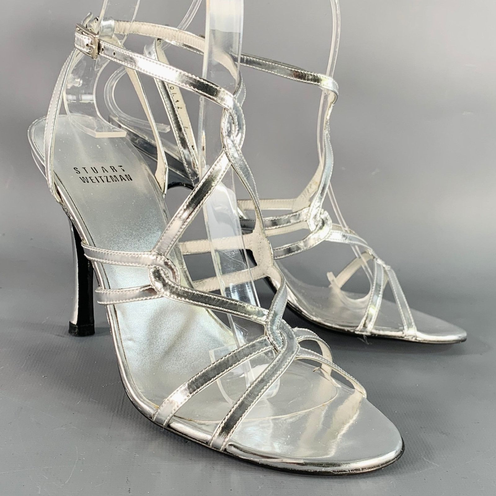 Stuart Weitzman Metallic Silver Patent Leather Strappy Ankle Strap Sandals Size US 6 / IT 36 - 1 Thumbnail