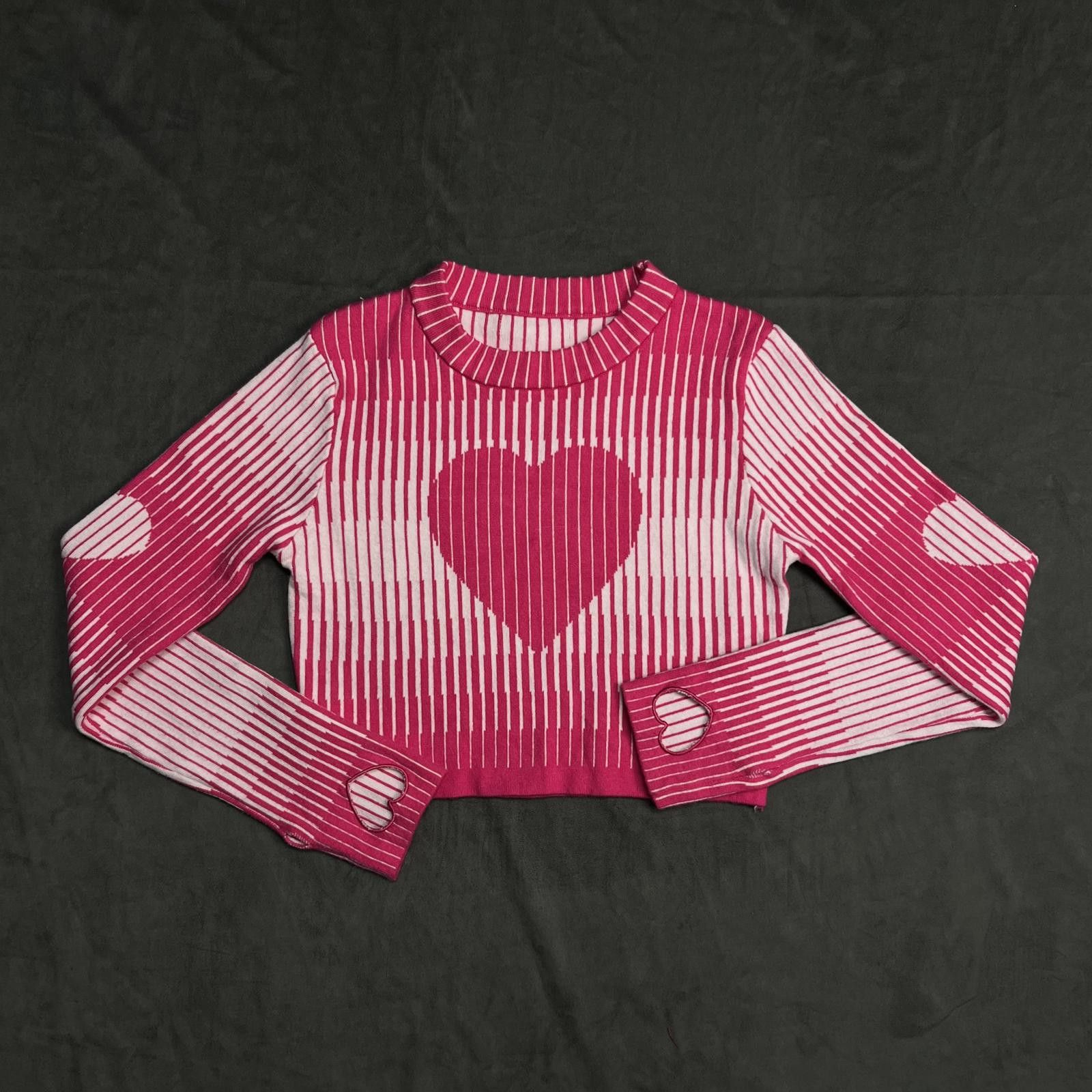 Japanese Brand Pink White Striped Heart Crop Jumper – Kawaii Y2K Aesthetic Size ONE SIZE - 1 Thumbnail