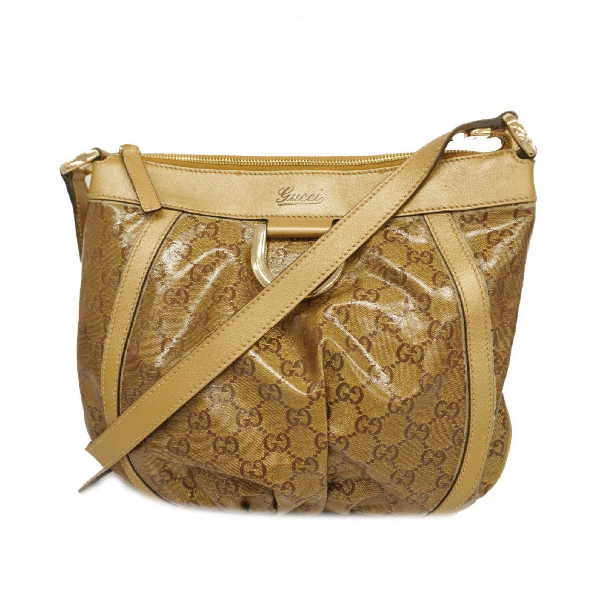 Gucci Shoulder Bag GG Crystal 203257 Coated Canvas Beige Brown Champagne Women's