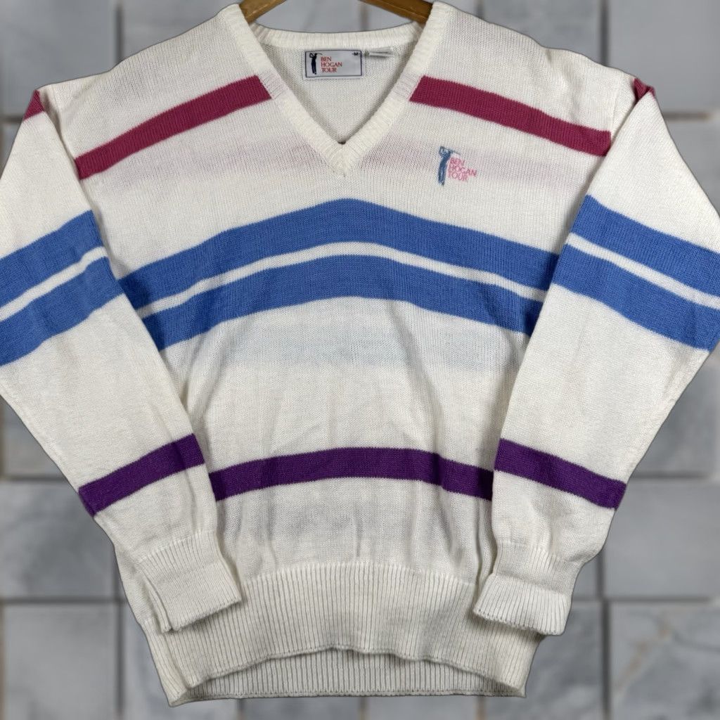 Vintage VINTAGE Ben Hogan Tour Sweater Mens M White V Neck Knit Pullover Golf Logo Stripes Shirt Pullover Knit 90s Dadcore Mens Size US M / EU 48-50 / 2 - 1 Thumbnail