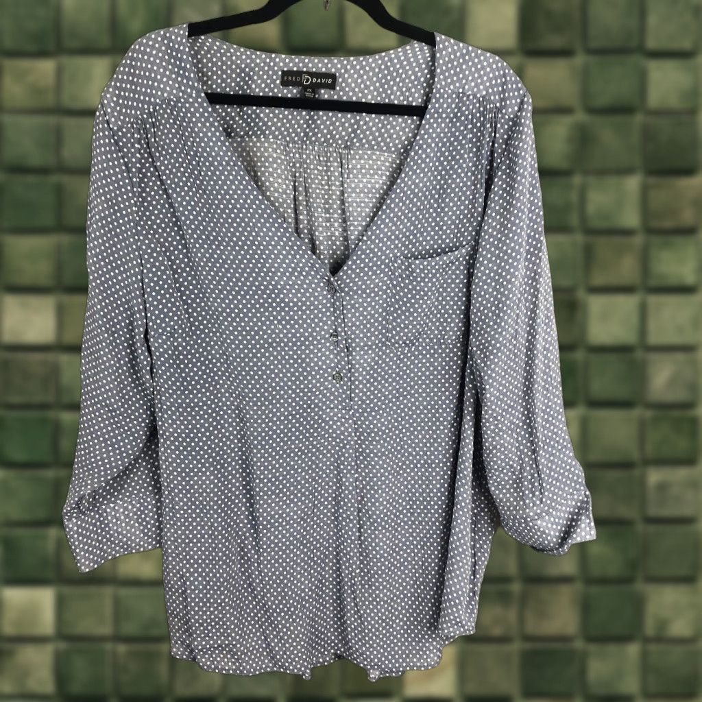 FRED Fred David Blouse Womens 2X Plus Gray White Polka Dot Semi Sheer Drapey Size XXL / US 16-18 / IT 52-54 - 1 Thumbnail