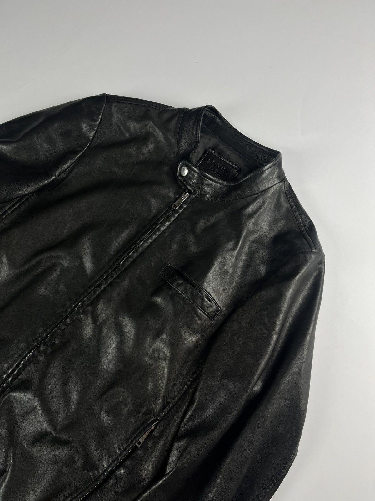 Prada Prada Sample Black Textured Soft Leather Moto Jacket SS 2014 Size US M / EU 48-50 / 2 - 3 Thumbnail