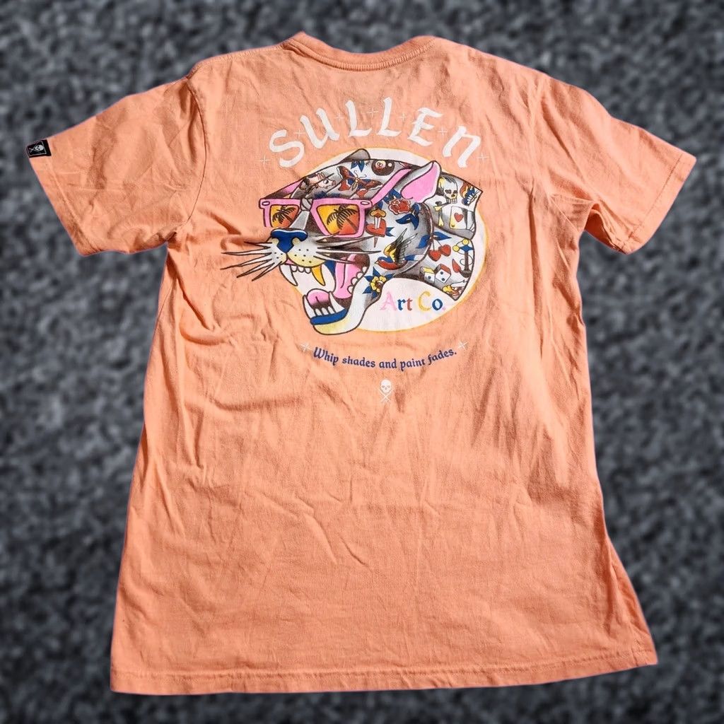Vintage Sullen Mens M T-Shirt Graphic Print Le​opard Cat Whip Shades Crew Neck Short Sleeve Orange Size US M / EU 48-50 / 2 - 1 Thumbnail