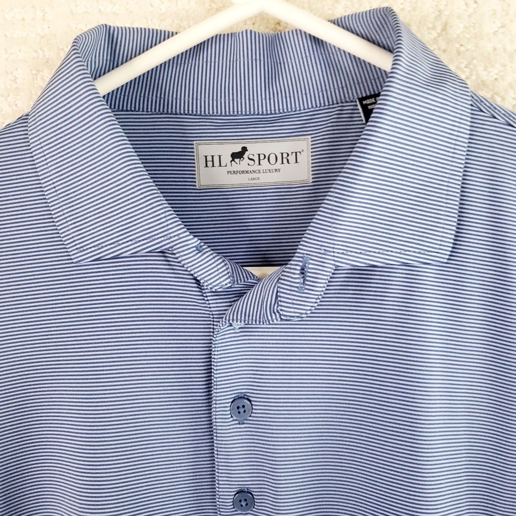Vintage HL Sport Polo Shirt Men’s L Navy Blue White Striped Short Sleeve Performance Golf Casual Shirt Size US L / EU 52-54 / 3 - 5 Thumbnail