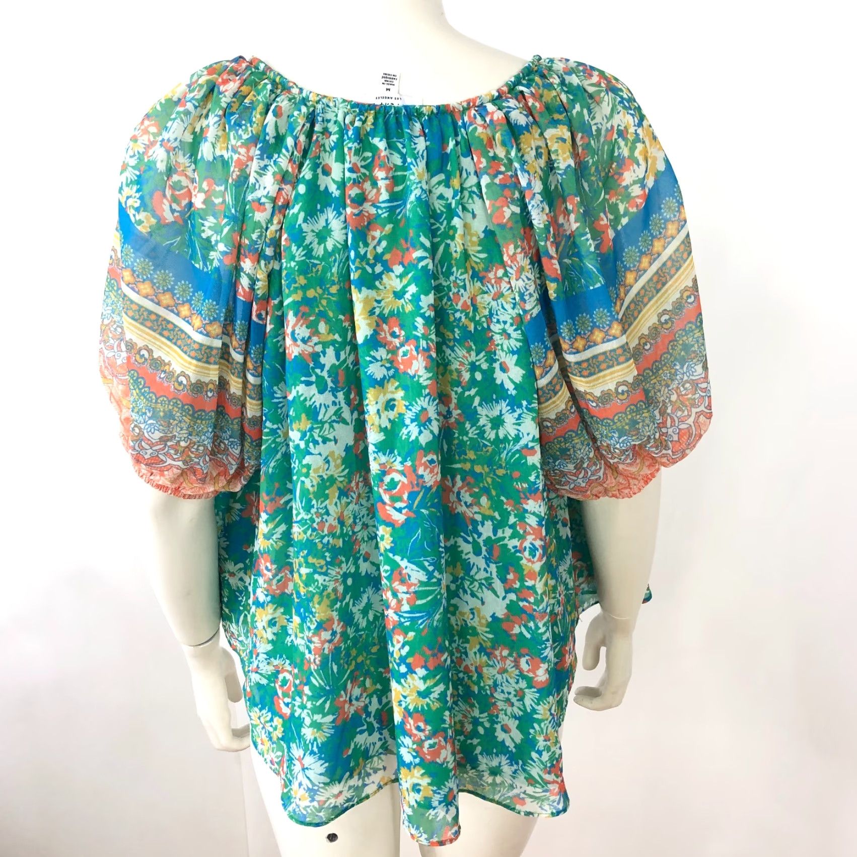 Vintage Current Air Blouse Shirt Womens M Green Peasant Smock Pullover V-Neck Short Sleeve Batik All Over Print Casual Summer Spring Size M / US 6-8 / IT 42-44 - 4 Thumbnail