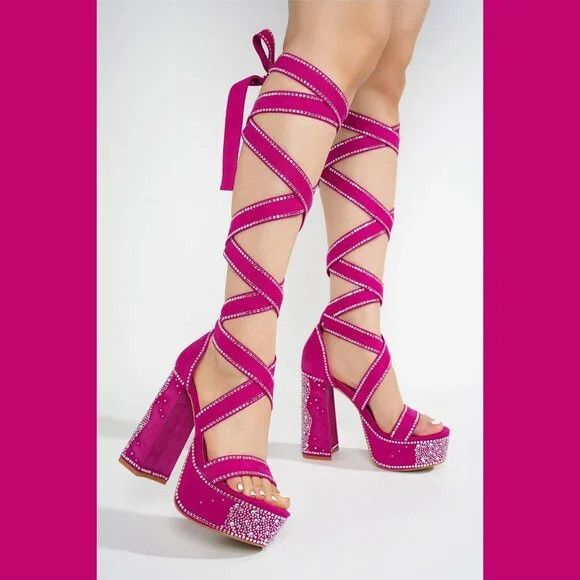 Other Extra Long Strap Rhinestone Platform Chunky Heel Shoes Hot P Size US 8.5 / IT 38.5 - 3 Thumbnail