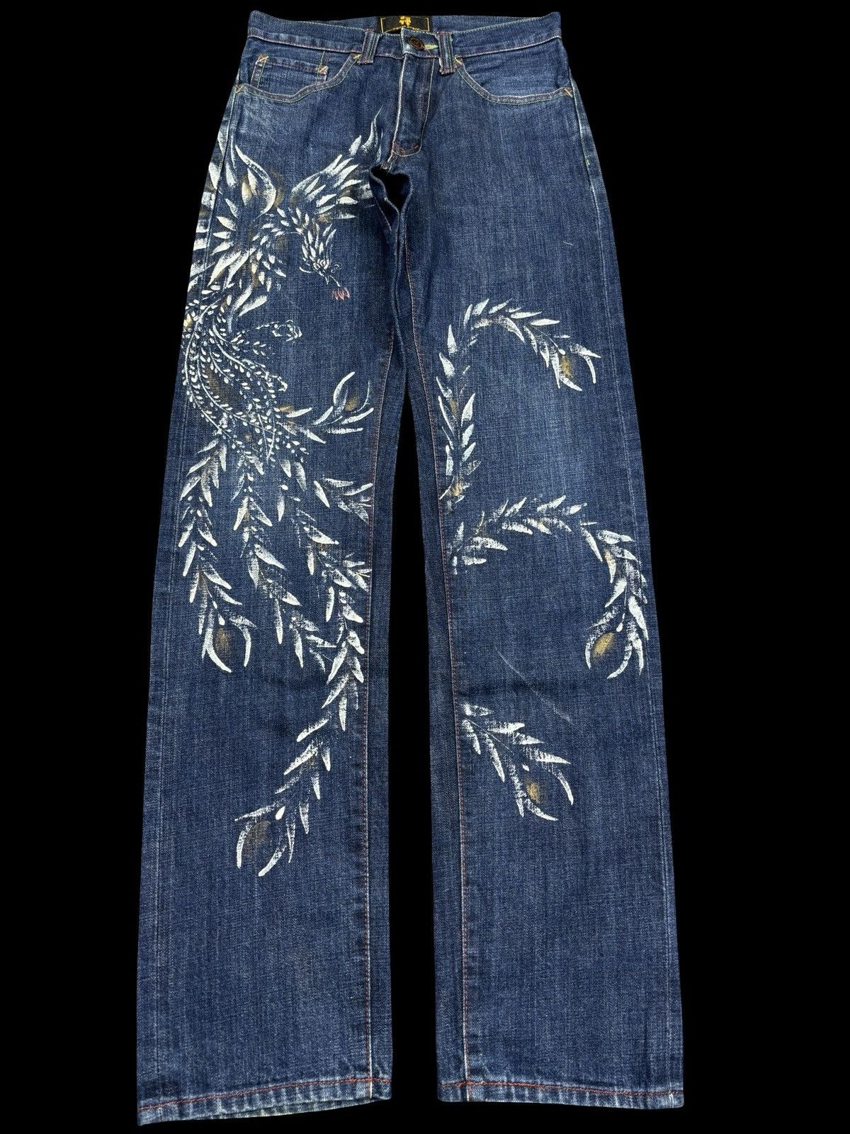 Japanese Brand 💥Artisanal💥Zen Clothing Flying Pheonix Mural Denim F706 Size US 27 - 1 Thumbnail