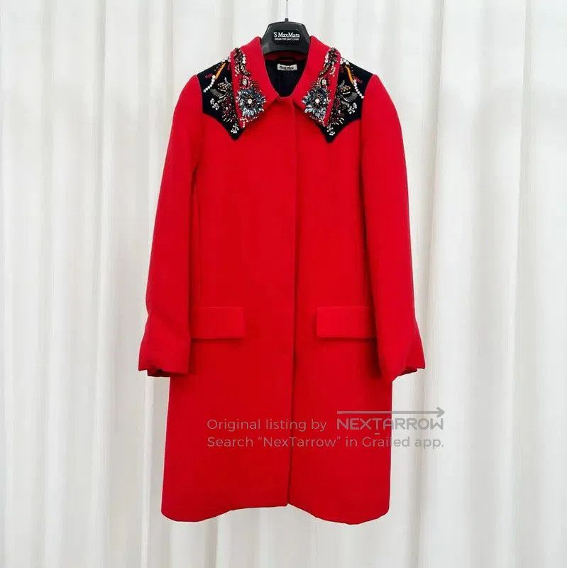 Miu Miu Miu Miu Red Wool Embroidered Long Coat . Size L / US 10 / IT 46 - 1 Thumbnail