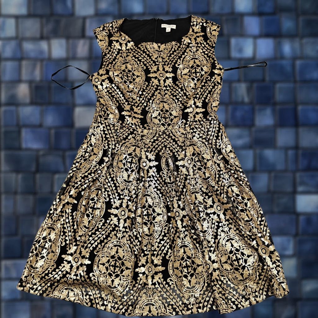 Vintage Eva Mendes Dress Womens 10 Gold Sequin Fit & Flare Short Party Cocktail Formal Dress Size 32" / US 10 / IT 46 - 1 Thumbnail