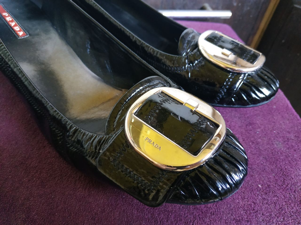 Prada Prada Black Patent Ballet Flats Gold Buckle EU 37 Size US 6 / IT 36 - 8 Thumbnail