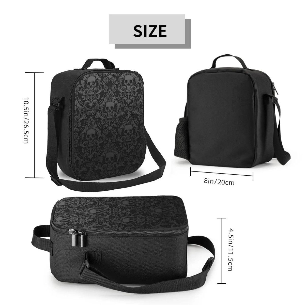 Designer Black Gothic Skull Damask Pattern Insulated Lunch Bag Size ONE SIZE - 3 Thumbnail