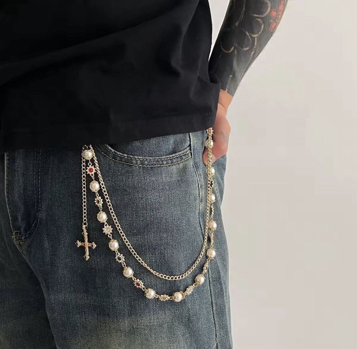 Japanese Brand Cross & Gemstone Belt Chain - Gold/Rhinestone Size ONE SIZE - 1 Thumbnail