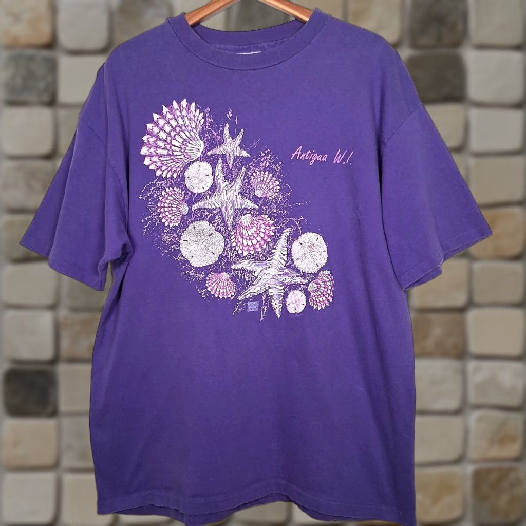 Hanes VINTAGE Hanes West Indies Shirt XL Purple Seashell Puffy Graphic Single Stitch T-Shirt Men XL Purple Seashell Graphic Beach Ocean 90s Mens Size US XL / EU 56 / 4 - 1 Thumbnail