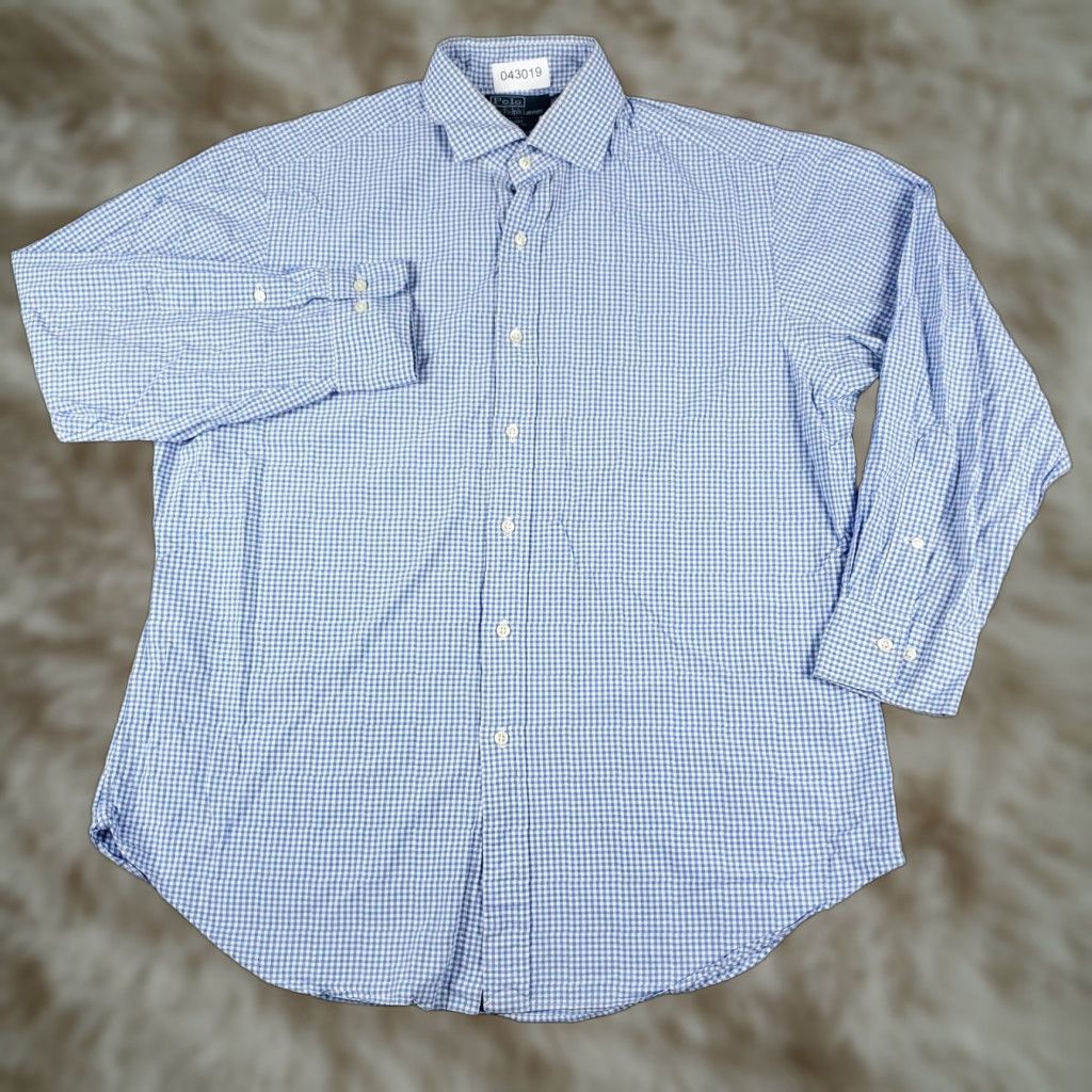 Ralph Lauren VINTAGE Ralph Lauren Shirt Men's 16.5 Blue Check Dress Button Up Long Sleeve Non-Iron Pockets 90s Classic Mens Size 42R - 1 Thumbnail