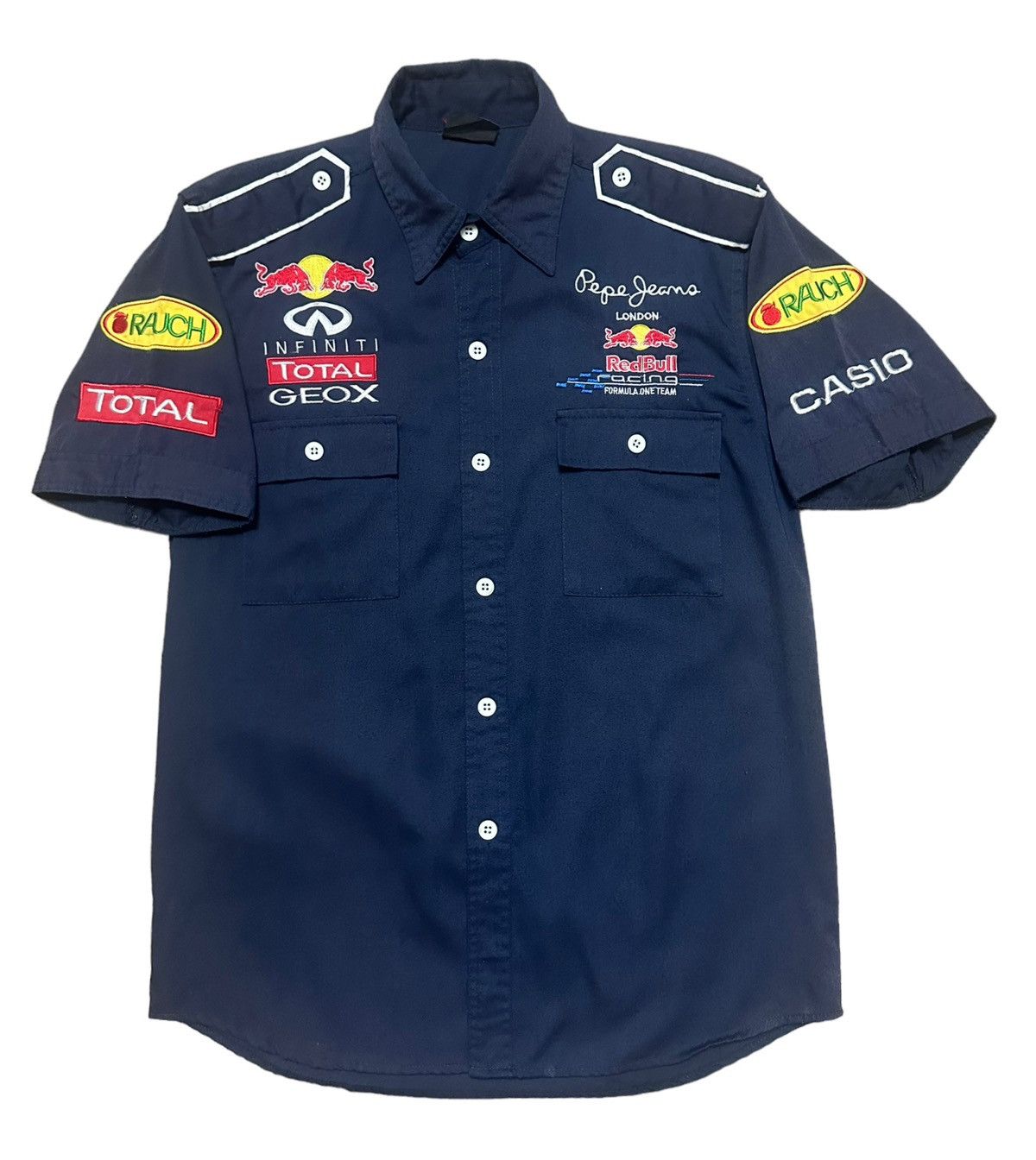 image of Vintage Red Bull Racing Button Up Shirts in Blue, Men's (Size Medium)
