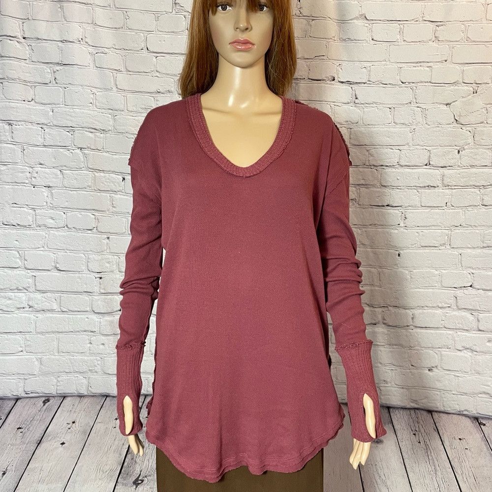 Free People New Free People Colby Raw Edge Long Sleeve Cotton Burgundy Size XS / US 0-2 / IT 36-38 - 3 Thumbnail