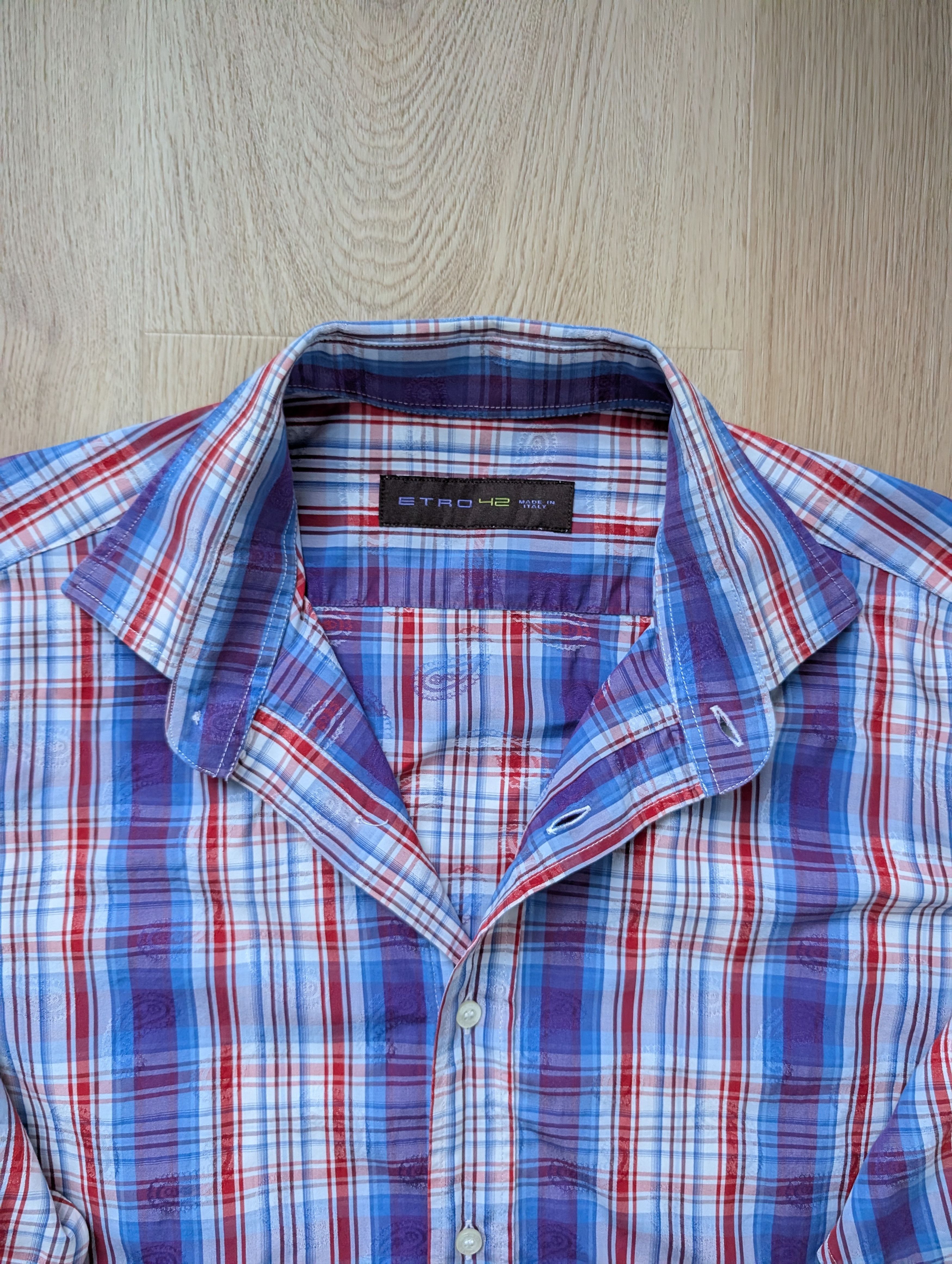Etro Etro Shirt 42 Paisley Blue Red Check Cotton Long Sleeve Size US XL / EU 56 / 4 - 4 Thumbnail