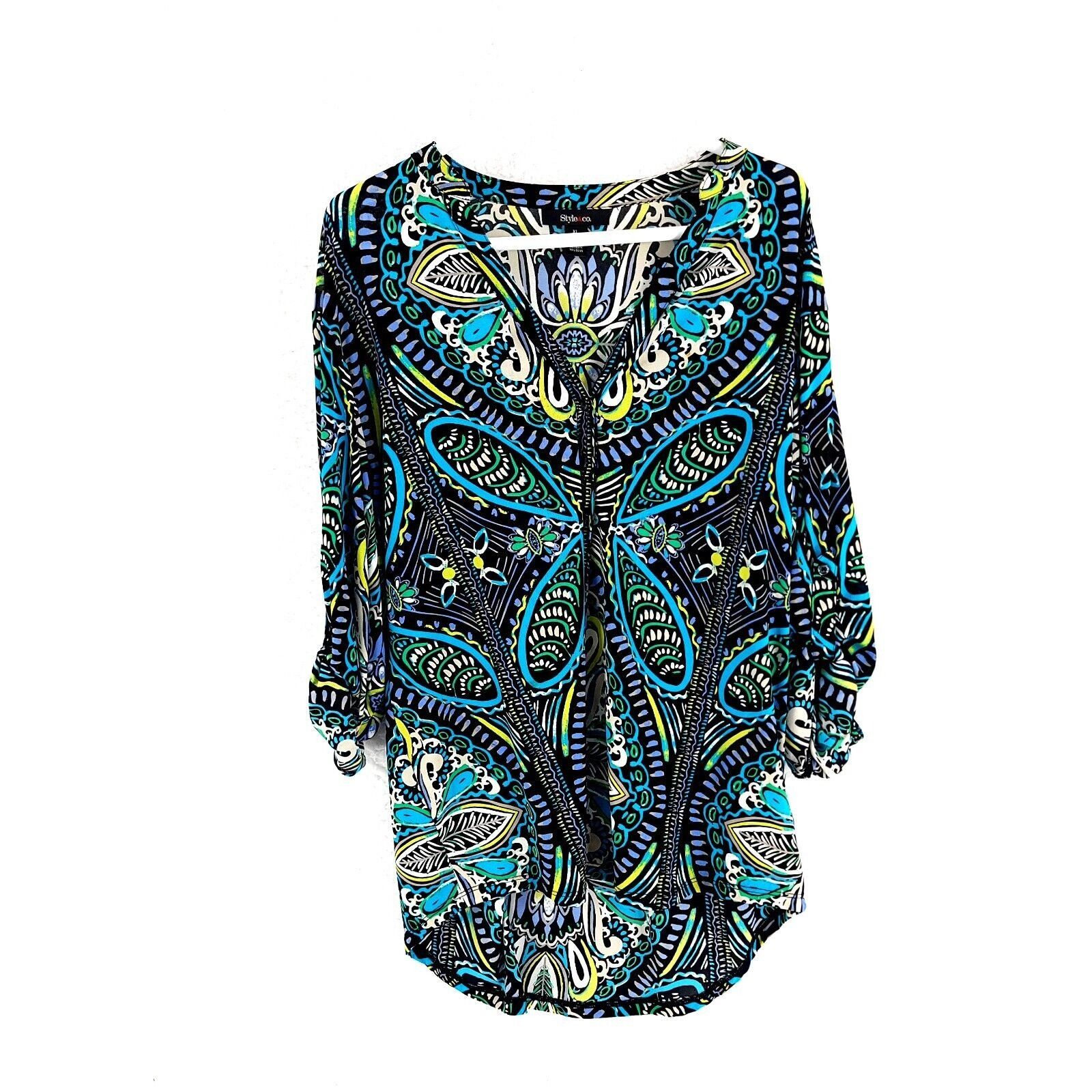 Designer Style & Co Black Teal Green Floral Roll Tab Sleeve V-Neck Bl Size XL / US 12-14 / IT 48-50 - 1 Thumbnail