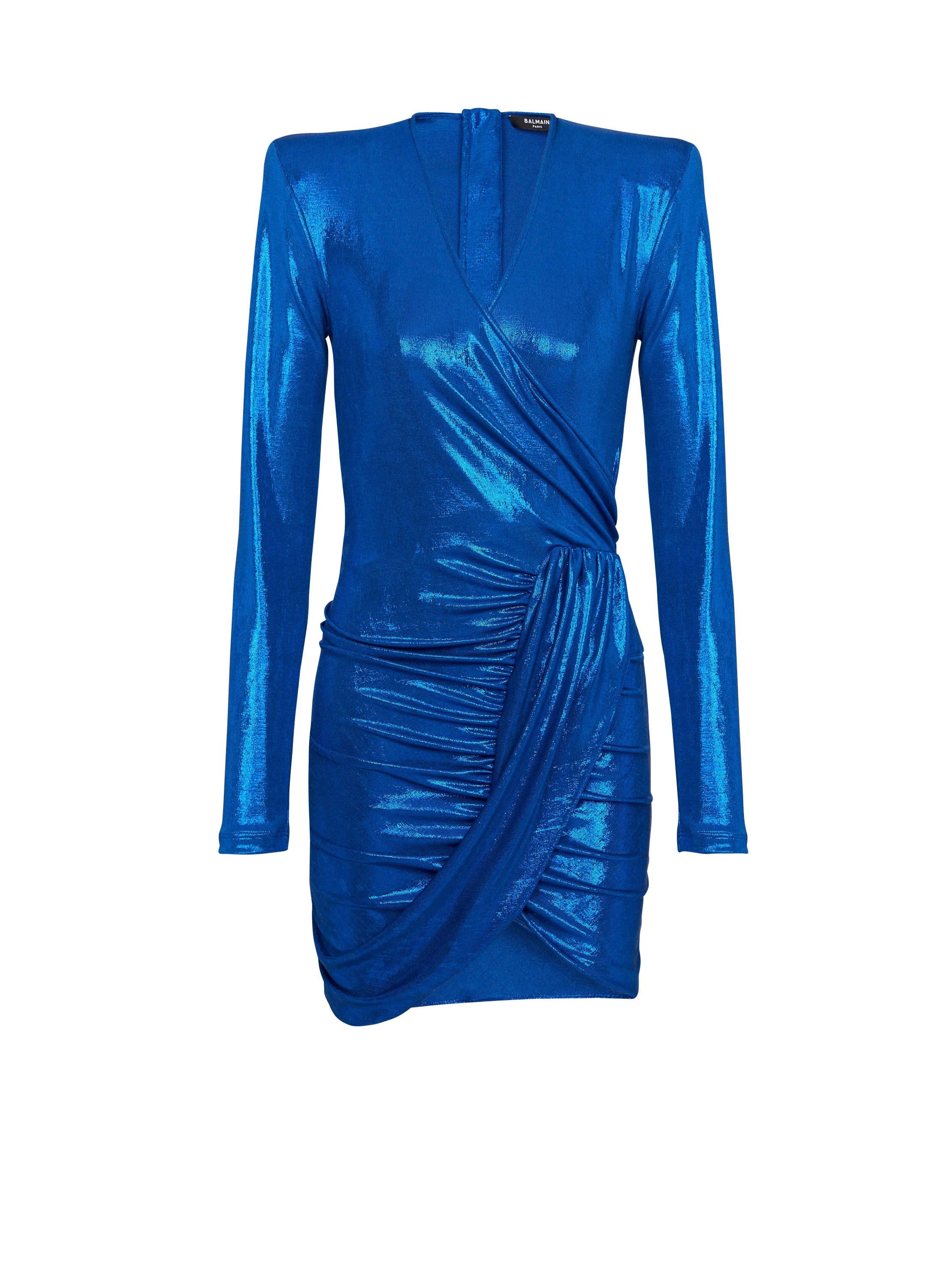 Image of Balmain O1Srvl11E0524 Draped Jersey Lamé Dress In Blue, Women's (Size XL)