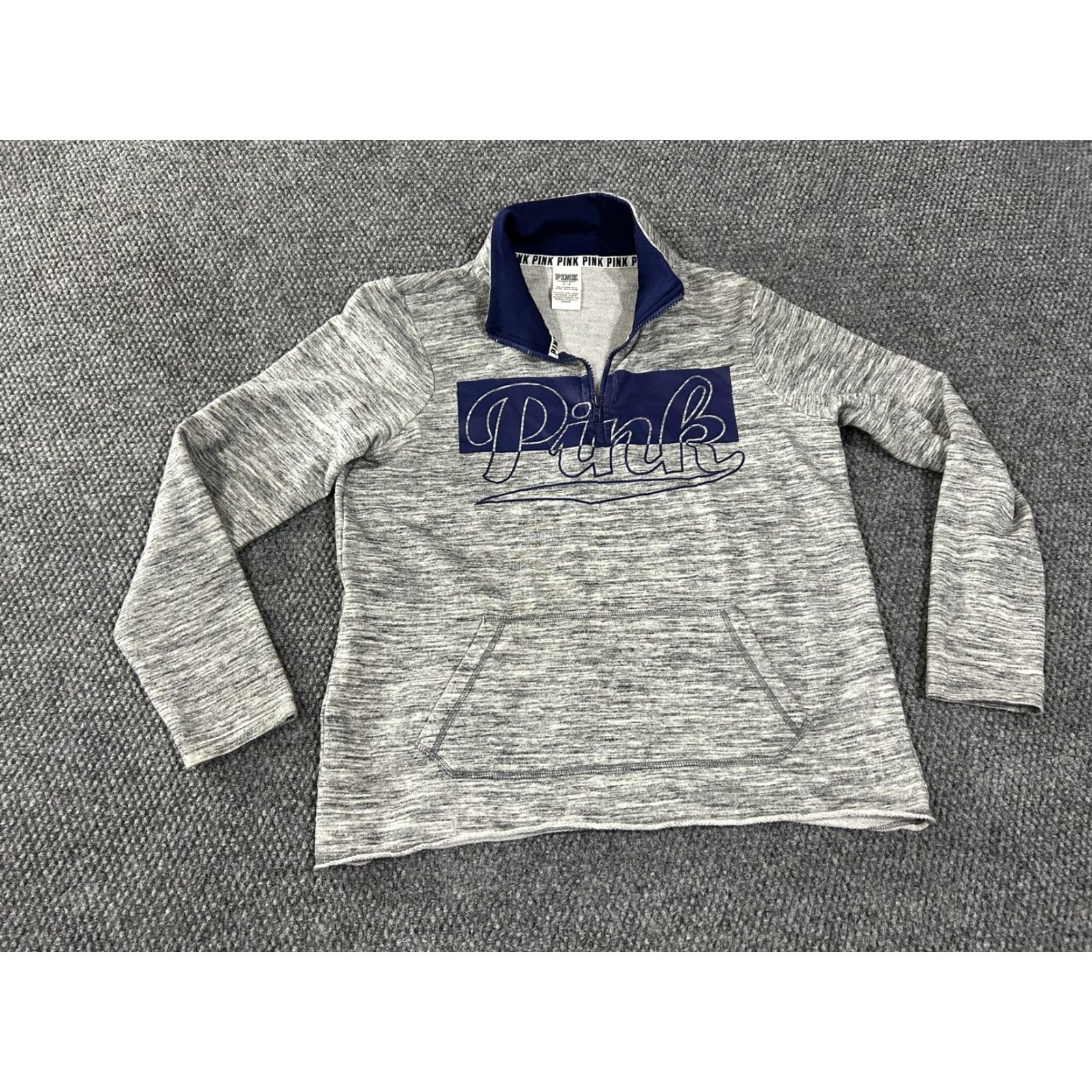 Pinko PINK Victoria's Secret Sweatshirt Womens Large Gray 1/4 Zip Mock Neck Logo Kangaroo Pocket Pullover Size L / US 10 / IT 46 - 2 Thumbnail