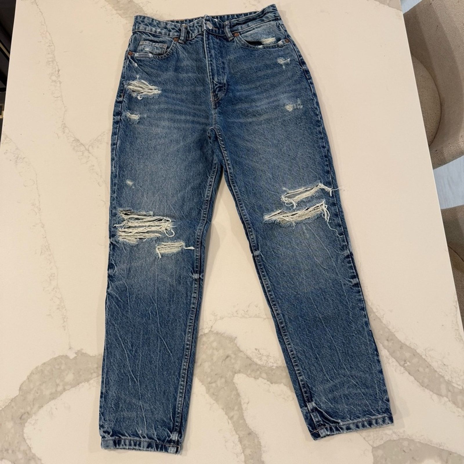 Zara Zara High Waisted Mom Fit Distressed Denim Jeans Womens 6 Size 28" / US 6 / IT 42 - 7 Thumbnail