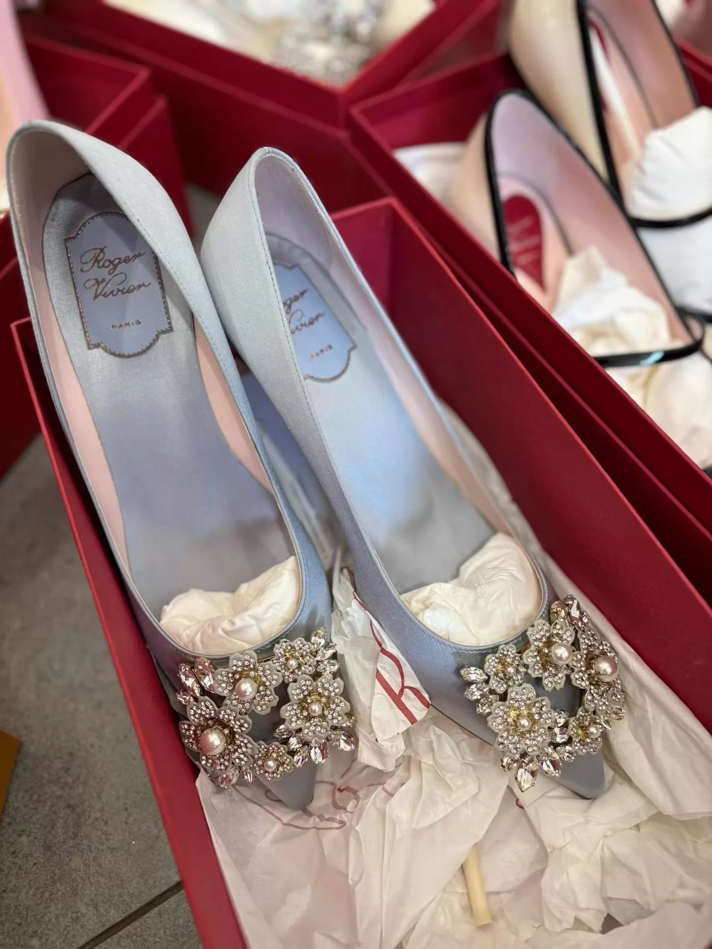 Roger Vivier RV Water Blue Satin Square Crystal Heels 37.5 NIB Size US 7 / IT 37 - 1 Thumbnail