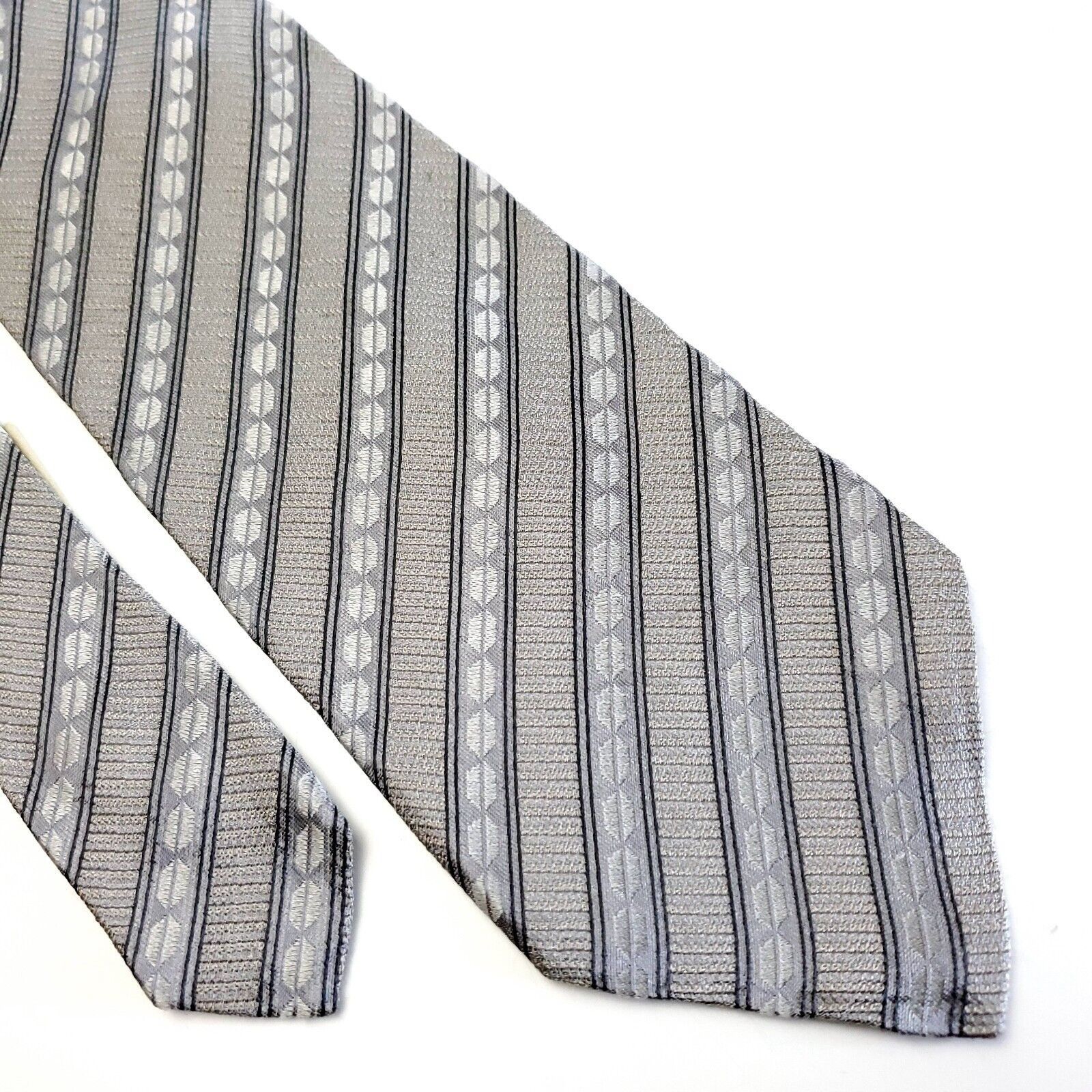 Joseph Abboud Joseph Abboud Gray Beige Striped Woven Short Silk Tie Size ONE SIZE - 1 Thumbnail