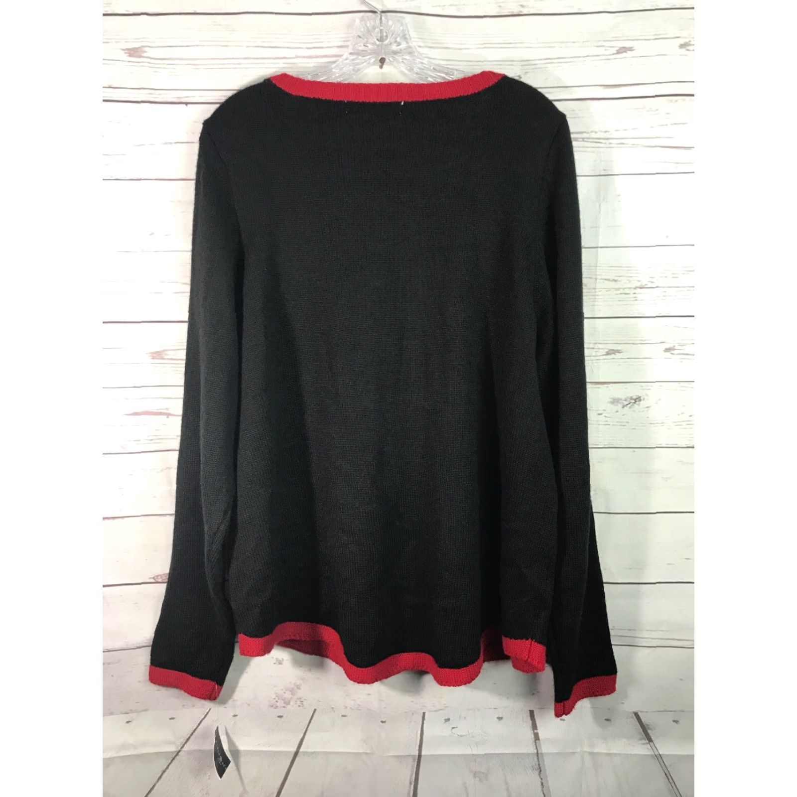 Vintage Karen Scott Christmas Sweater Womens 0X Black Trees Candy Cane Embroidered Knit Pullover Geometric Bow Sequin Classic Holiday Season Mens? Size XL / US 12-14 / IT 48-50 - 4 Thumbnail