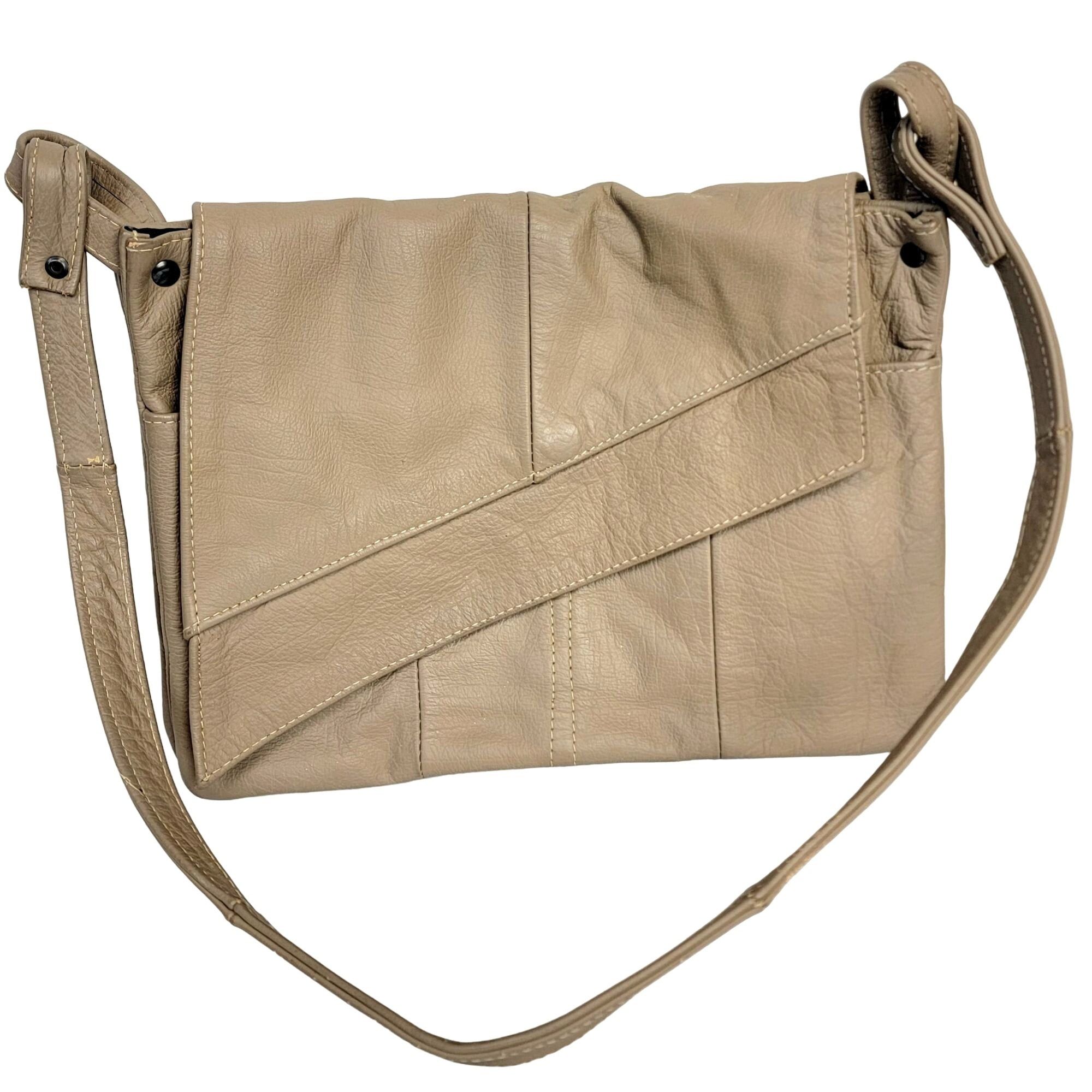 Vintage Leather Shoulder Bag Fold Over Snap Button Purse Han in Beige, Women's