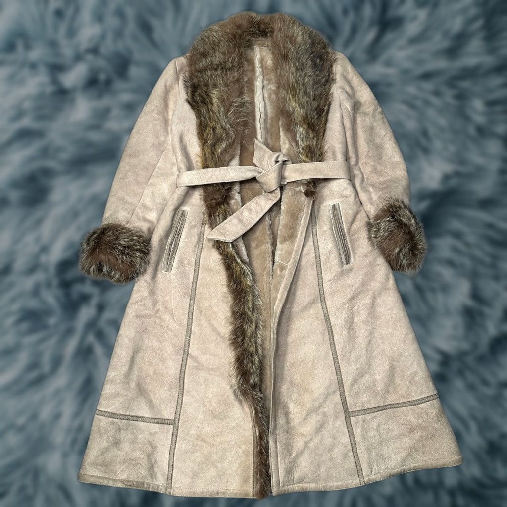 Avenue VINTAGE Sawyer of Napa Leather Long Coat Womens 12 Beige Fur Trim overcoat Jacket Size XL / US 12-14 / IT 48-50 - 1 Thumbnail