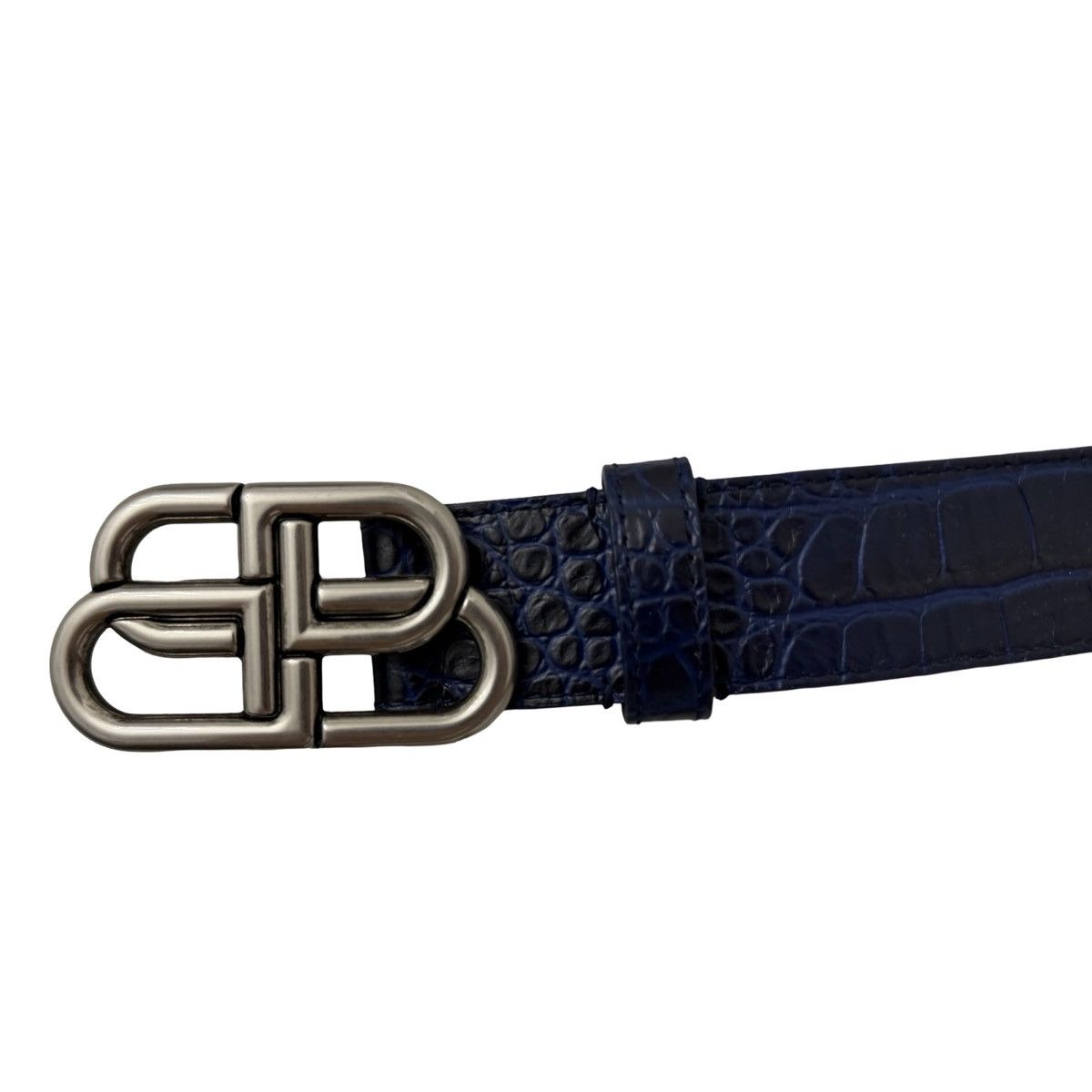 Balenciaga Balenciaga Crocodile BB Logo Leather Belt Blue Silver