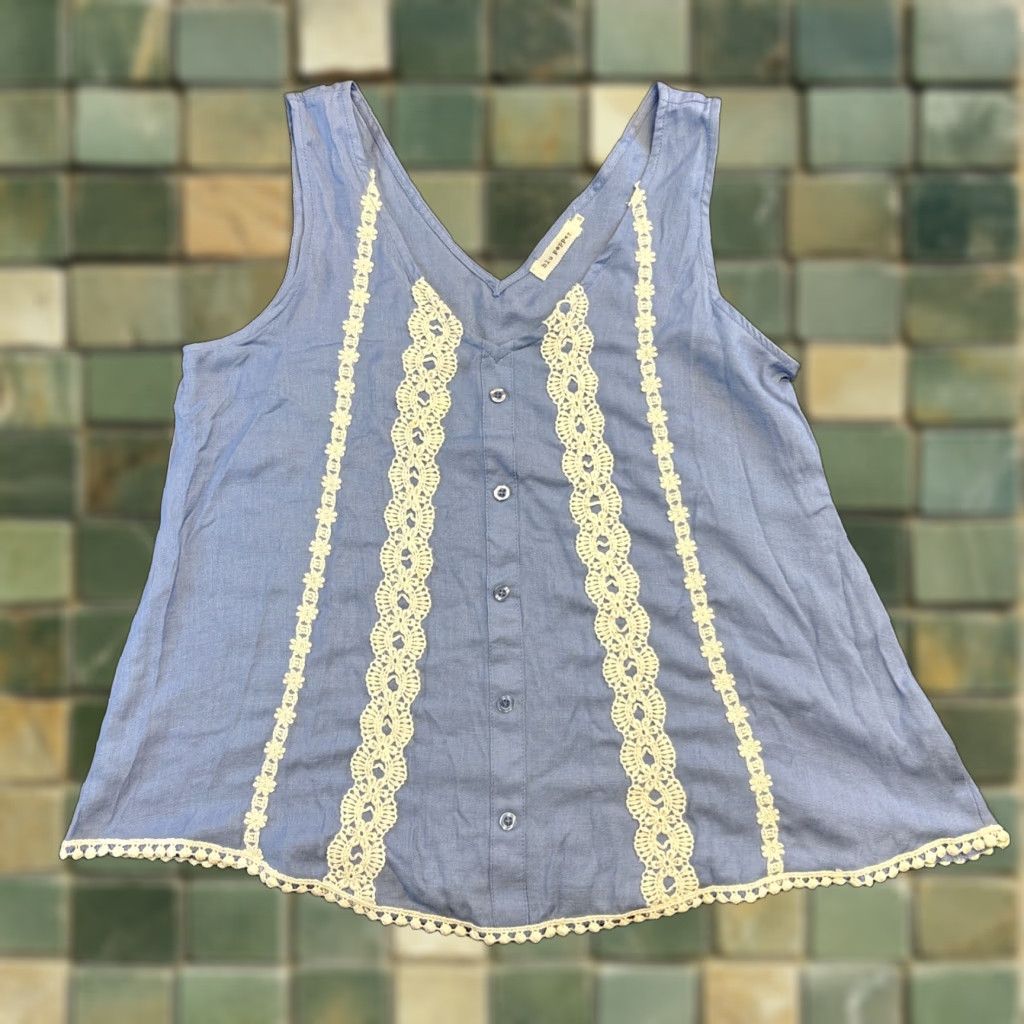 Vintage Blu Pepper Tank Women S Bohemian Crochet Eyelet Lace V-Neck Overize Button Up Sleeveless Pullover Knit Polyester White S Regular Basic Casual Shirt? Size S / US 4 / IT 40 - 1 Thumbnail