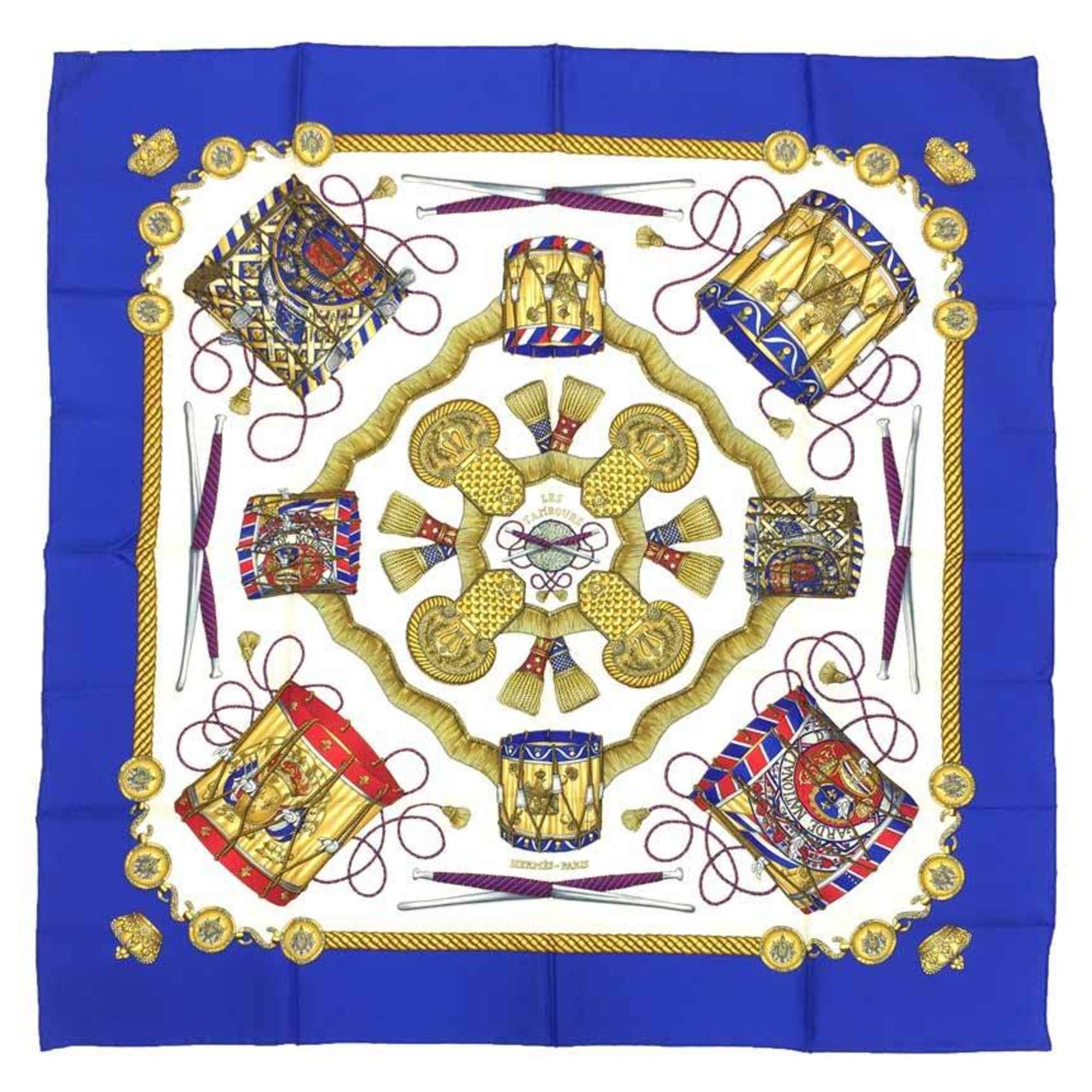 Hermes Hermes Carré 90 LES TAMBOURS Tambour drums Blue x white 100% silk scarf muffler Size ONE SIZE - 1 Thumbnail