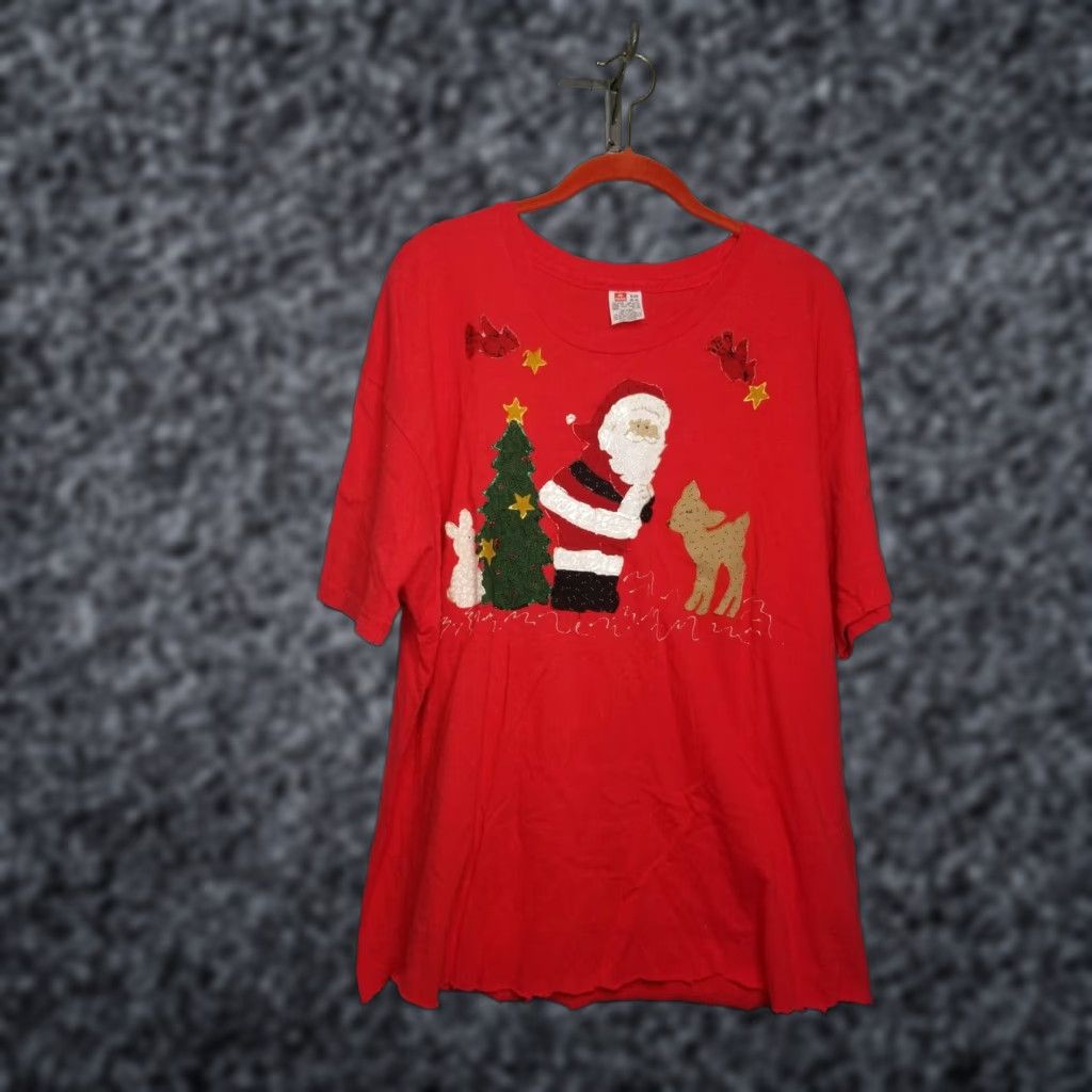 Fruit Of The Loom Vintage 1980s Fruit of the Loom Santa Claus Christmas T Shirt Men's XL Red Graphic Tee Unisex Distressed Size US XL / EU 56 / 4 - 1 Thumbnail
