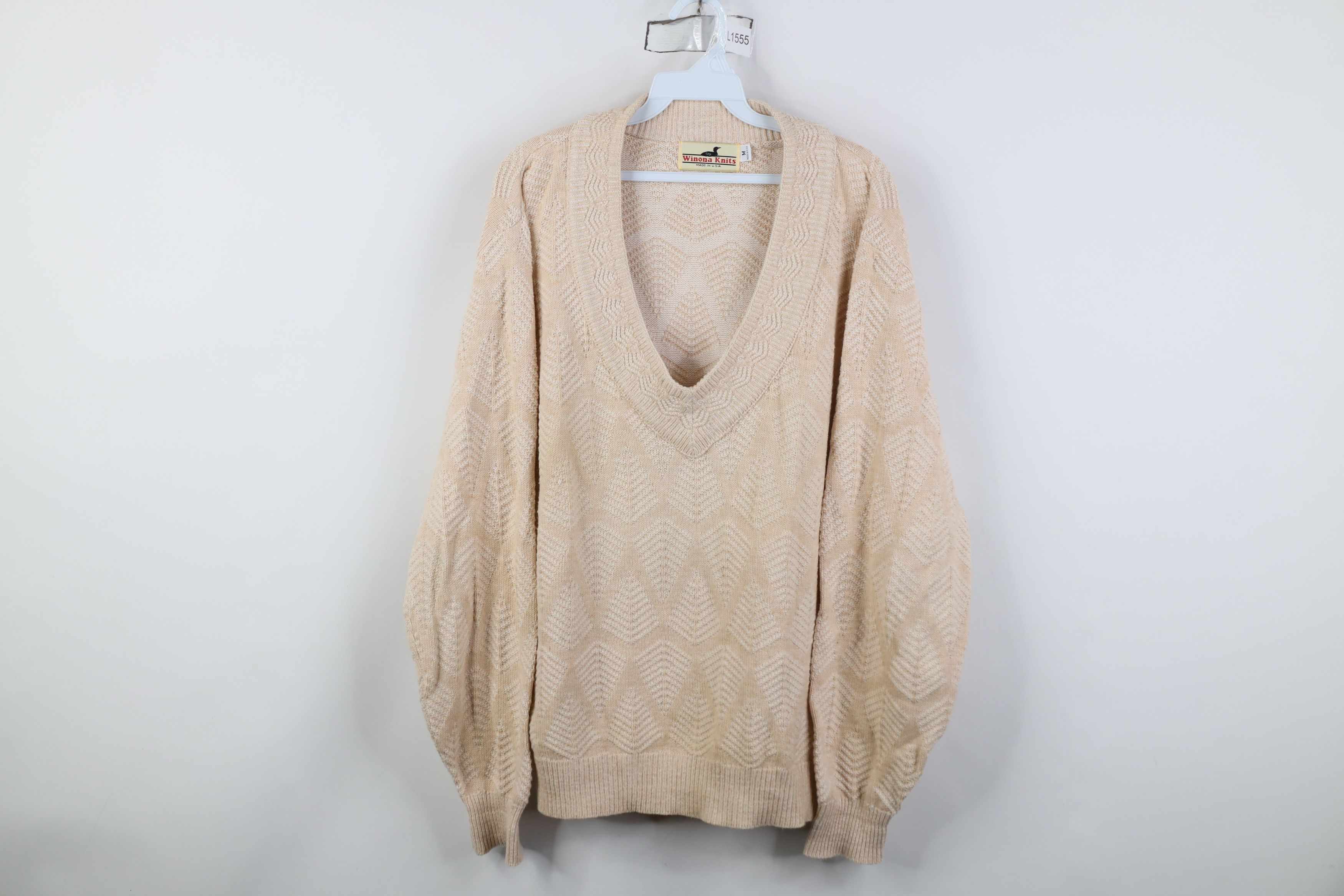 Vintage 90s Dapper Tree Knit V-Neck Sweater Beige USA
