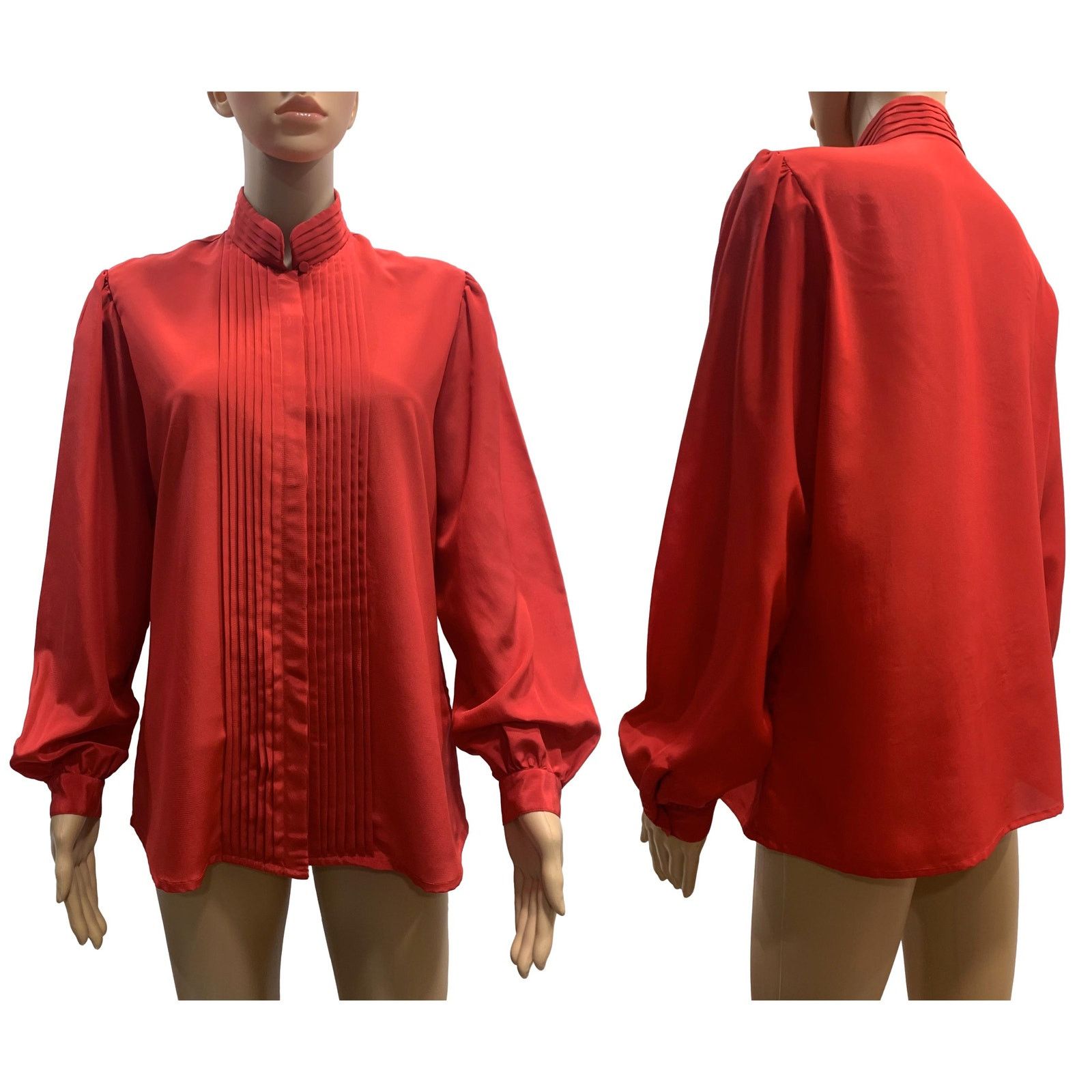 Vintage 70s Red High Collar Secretary Blouse with Pleats | M/L Size M / US 6-8 / IT 42-44 - 4 Thumbnail