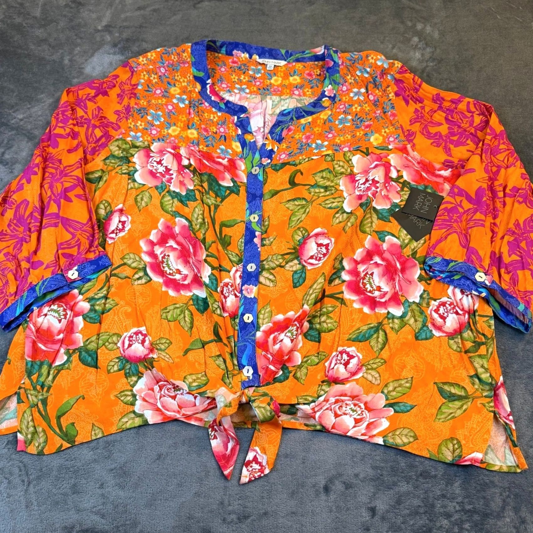 Vintage VINTAGE John Mark Island Dreaming Blouse Womens 3X Large Orange Floral Tie Front NWT Size XXL / US 16-18 / IT 52-54 - 3 Thumbnail