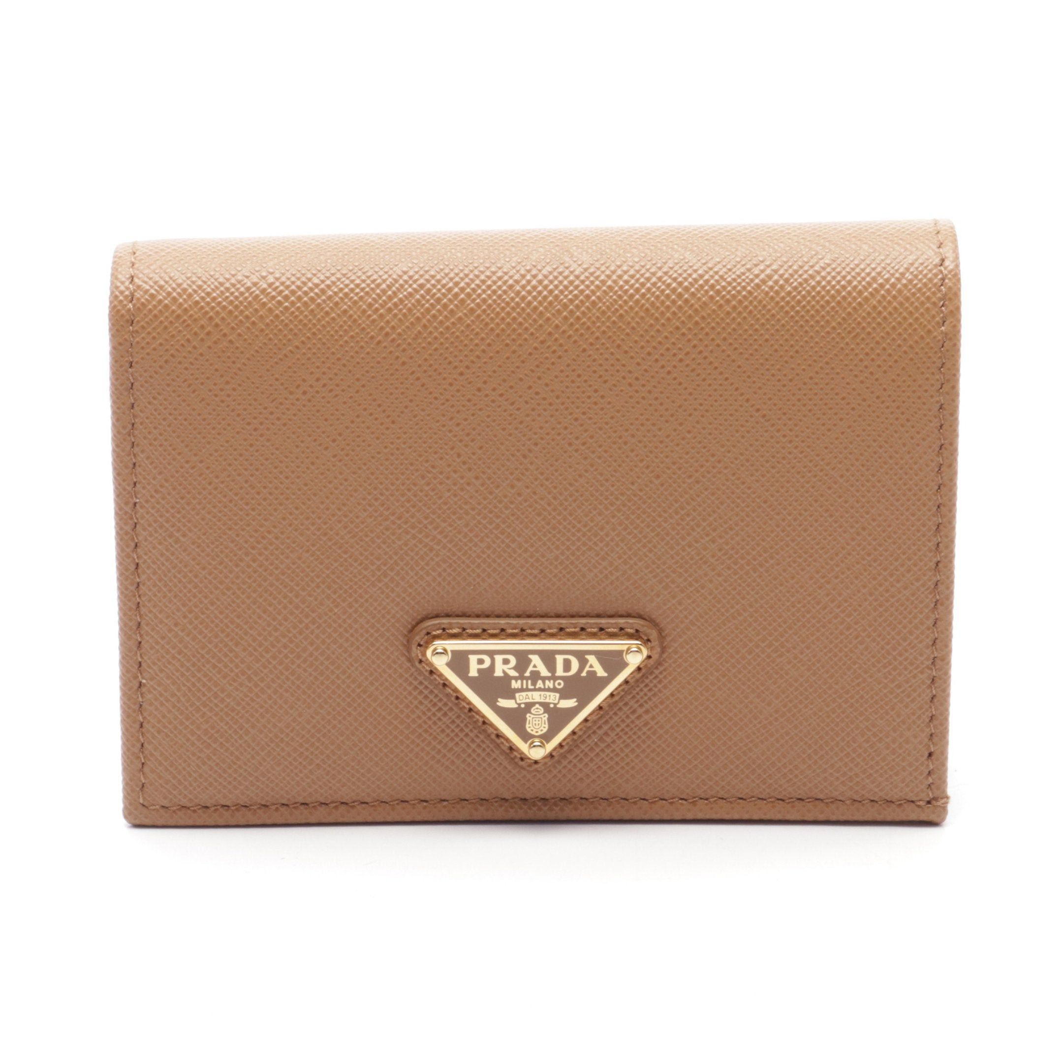 【美品】PRADA SAFFIANO TRIANG Prada Saffiano Triang Bi-Fold Wallet Leather Light Brown