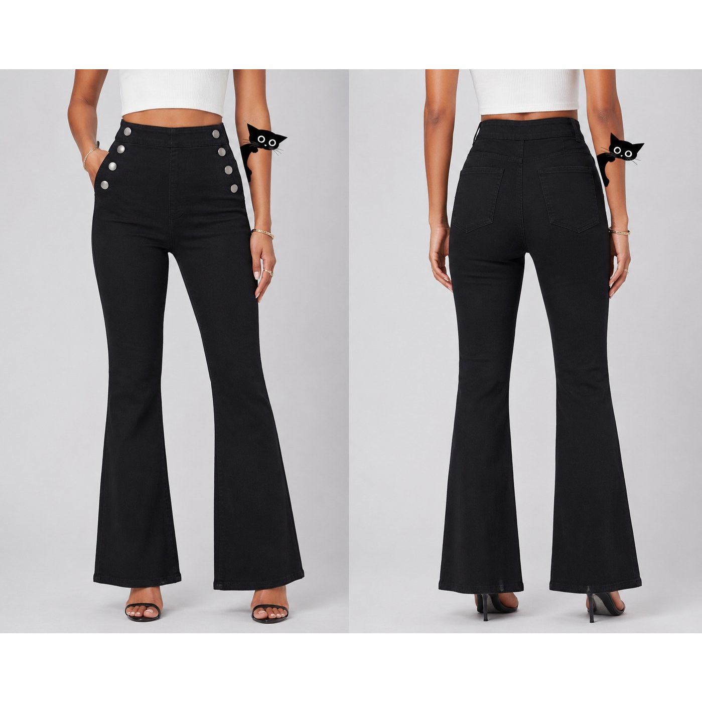 I.N.C I.N.C. Black Pull On Sailor Button High Rise Flare Jeans 6 Size 28" / US 6 / IT 42 - 3 Thumbnail