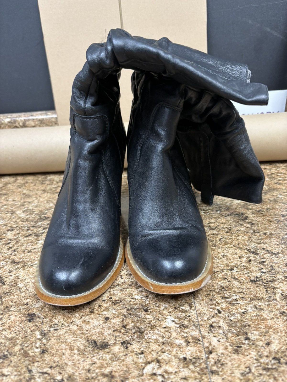 Other Colin Stuart Black Leather Slouch Boots Fold Over Block Heel Size US 8 / IT 38 - 1 Thumbnail