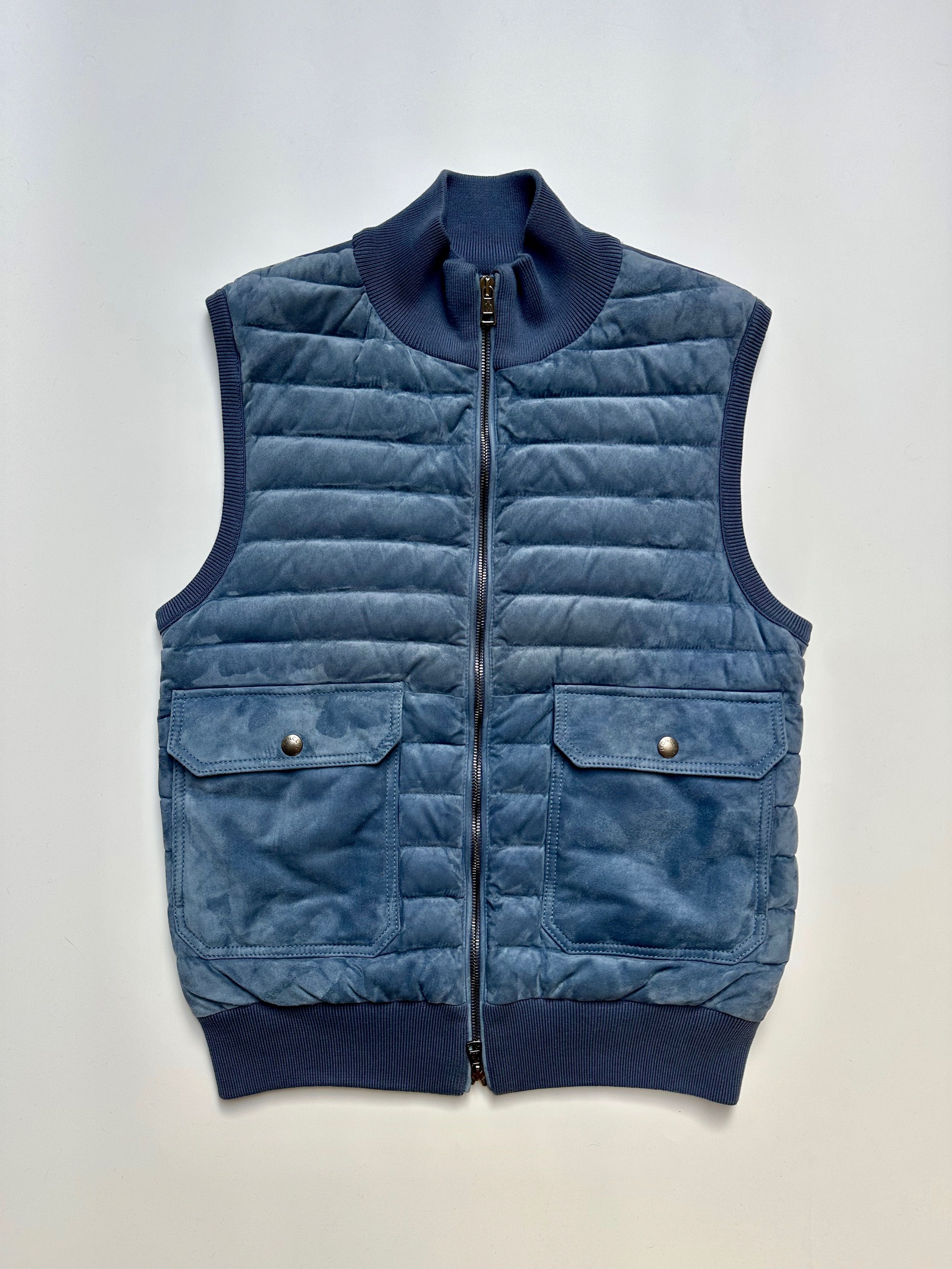 Moncler Maglia Tricot Cardigan Vest Leahter Suede Blue
