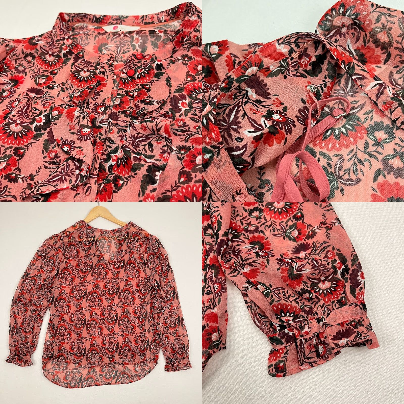 Boden VINTAGE Boden Blouse W/ Tank Top Womens UK 14 / US 10 Pink Red Floral Sheer Ruffle Boho Size L / US 10 / IT 46 - 8 Thumbnail